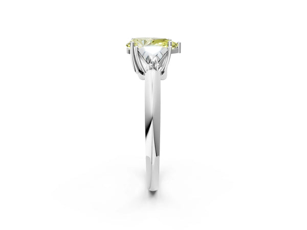 Platinum Three-Stone Fancy Yellow Pear Cut Cut Diamond Ring with Trillion Side Stones and Four-Prong Setting