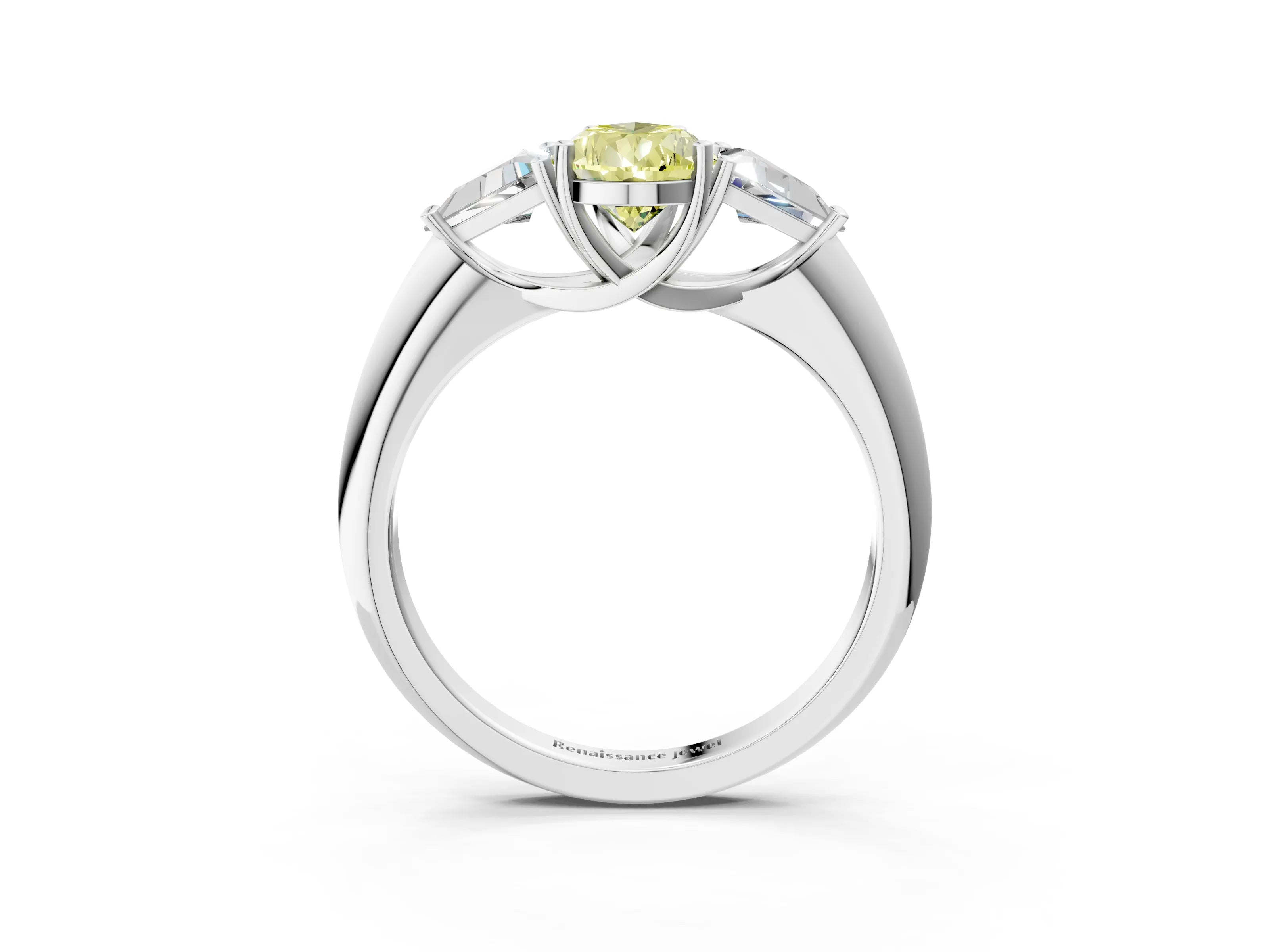 White gold Three-Stone Fancy Yellow Pear Cut Cut Diamond Ring with Trillion Side Stones and Four-Prong Setting_14