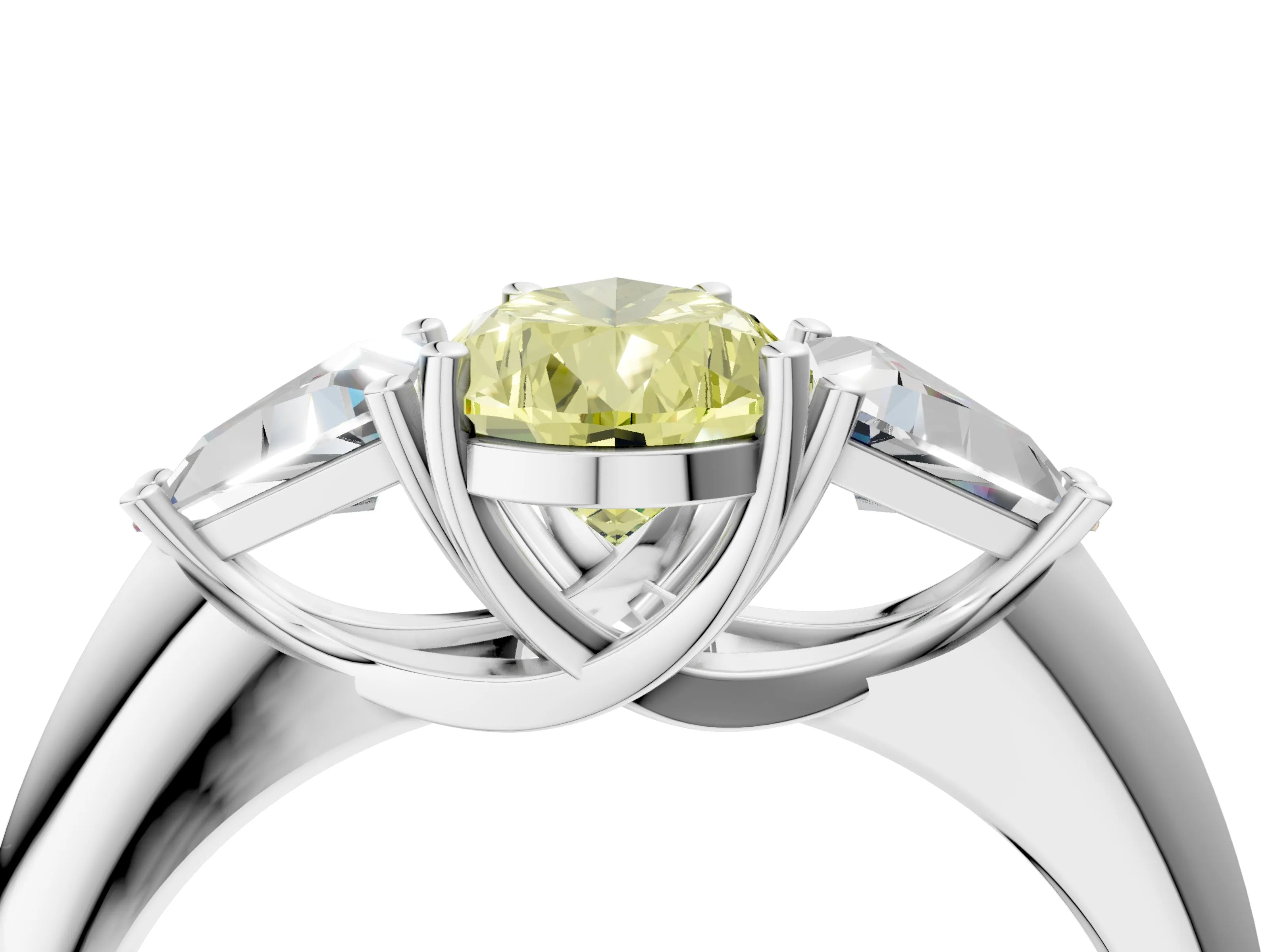 White gold Three-Stone Fancy Yellow Pear Cut Cut Diamond Ring with Trillion Side Stones and Four-Prong Setting_15