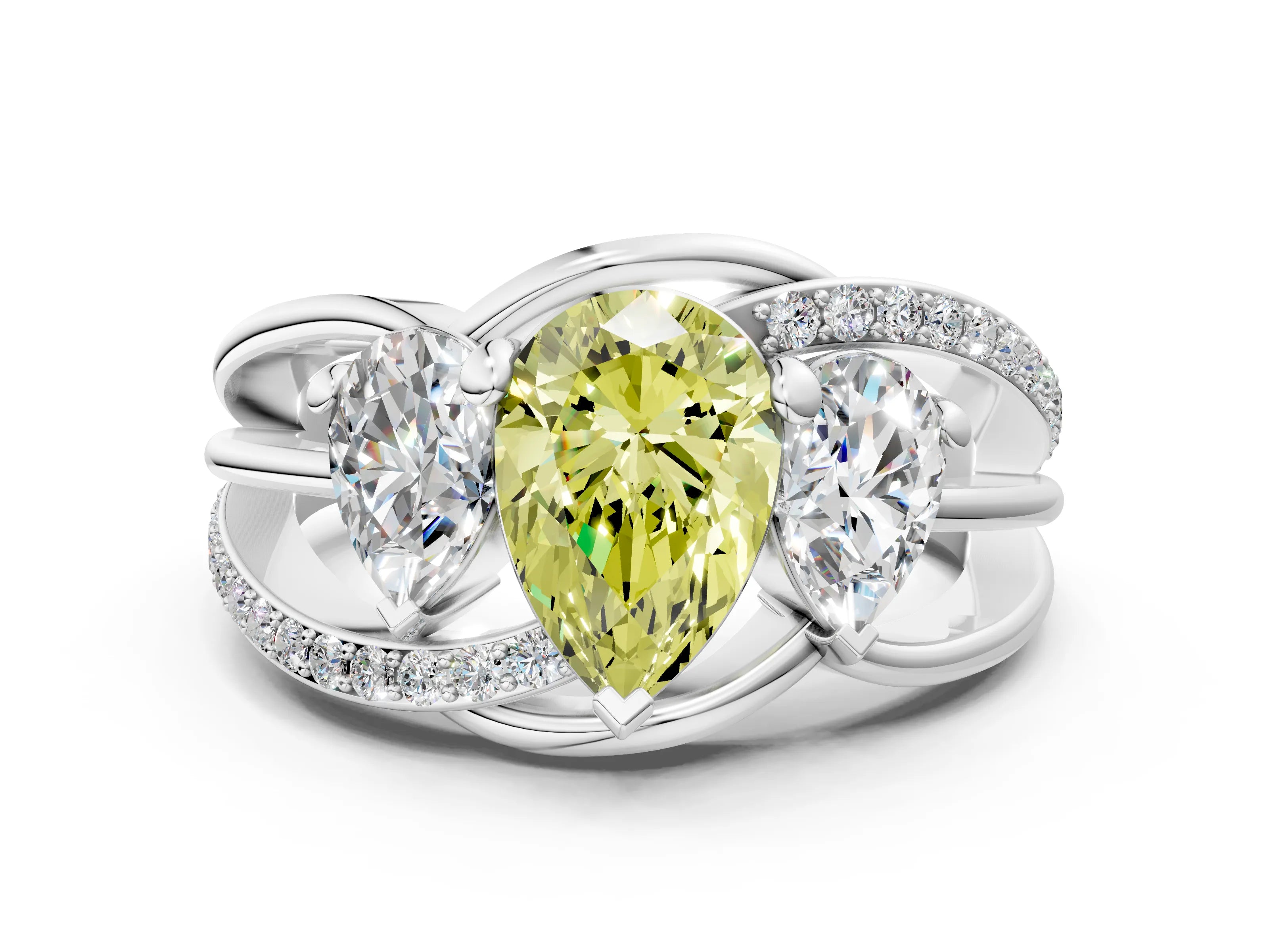 White gold Three-Stone Fancy Yellow Pear Cut Cut Diamond Split Shank Prong Set Ring_12