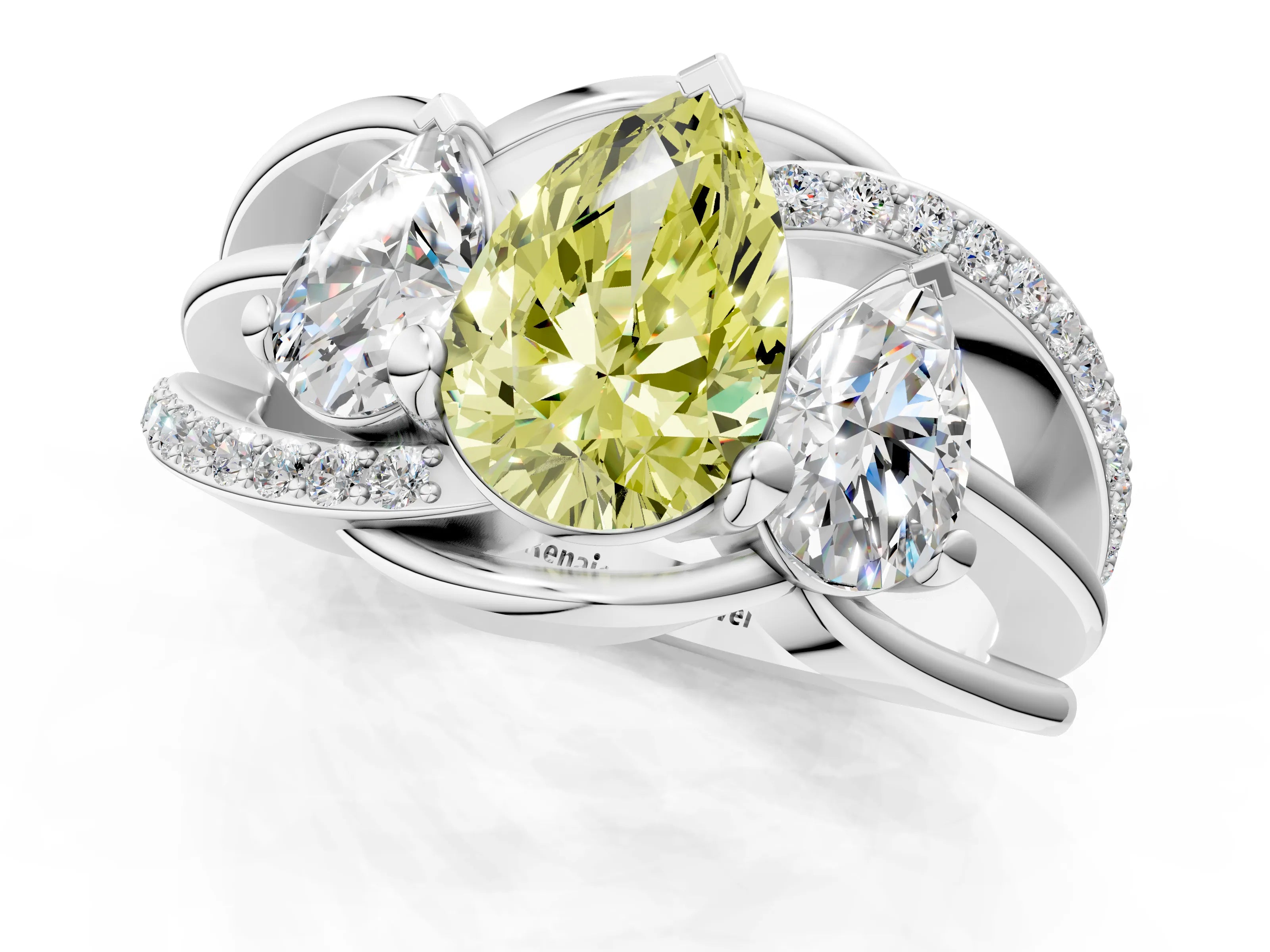 White gold Three-Stone Fancy Yellow Pear Cut Cut Diamond Split Shank Prong Set Ring_13