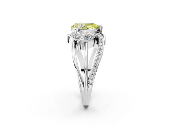 Sterling Silver Pear-Shaped Three Stone Split Shank Engagement Ring Setting for Fancy Yellow Center