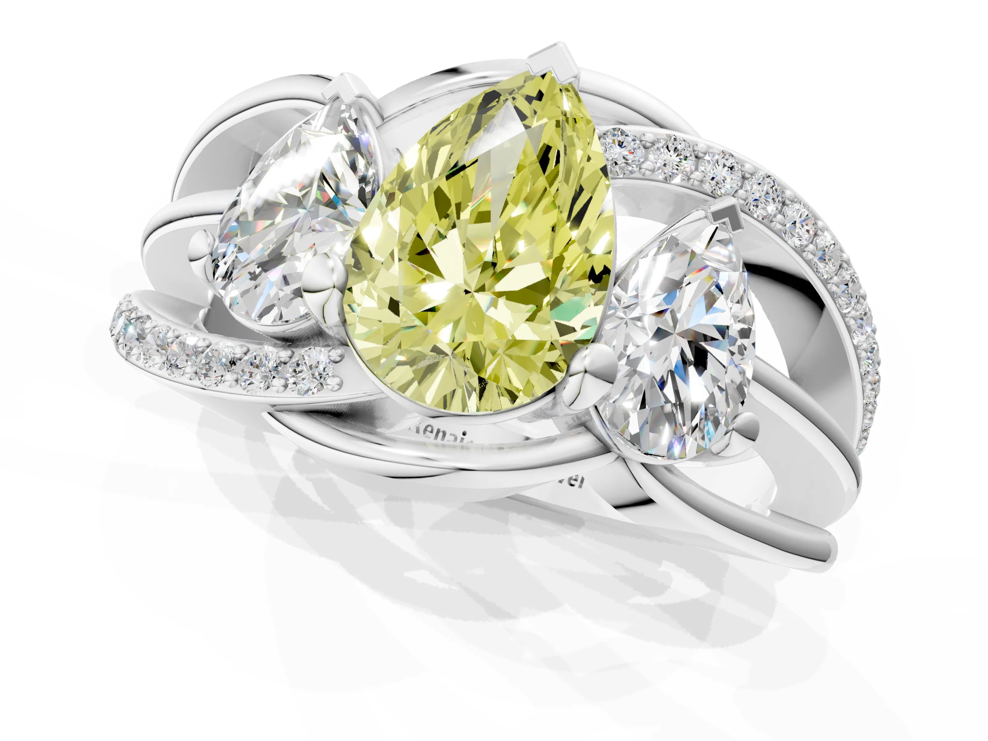 White gold Three-Stone Fancy Yellow Pear Cut Cut Diamond Split Shank Prong Set Ring_1
