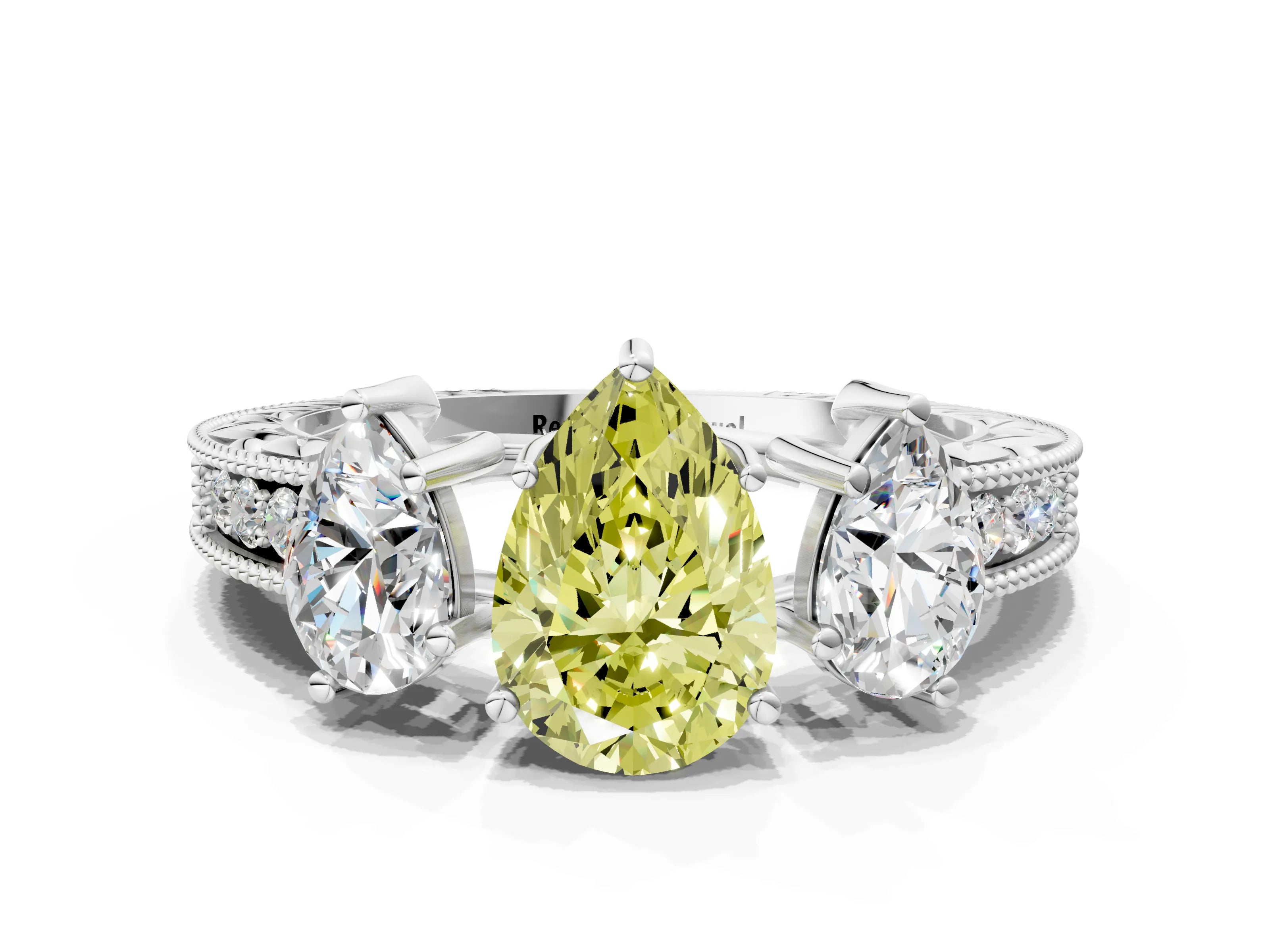 White gold Three-Stone Fancy Yellow Pear Cut Cut Milgrain Pavé Engagement Ring_12