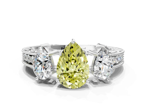 White gold Three-Stone Fancy Yellow Pear Cut Cut Milgrain Pavé Engagement Ring_12