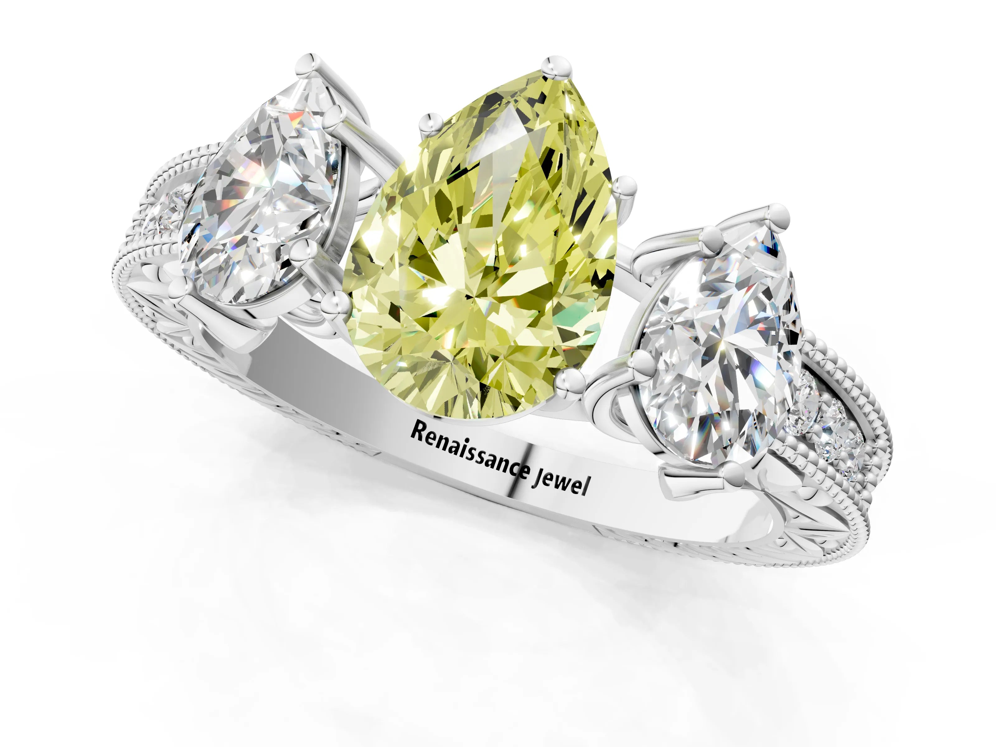 White gold Three-Stone Fancy Yellow Pear Cut Cut Milgrain Pavé Engagement Ring_13