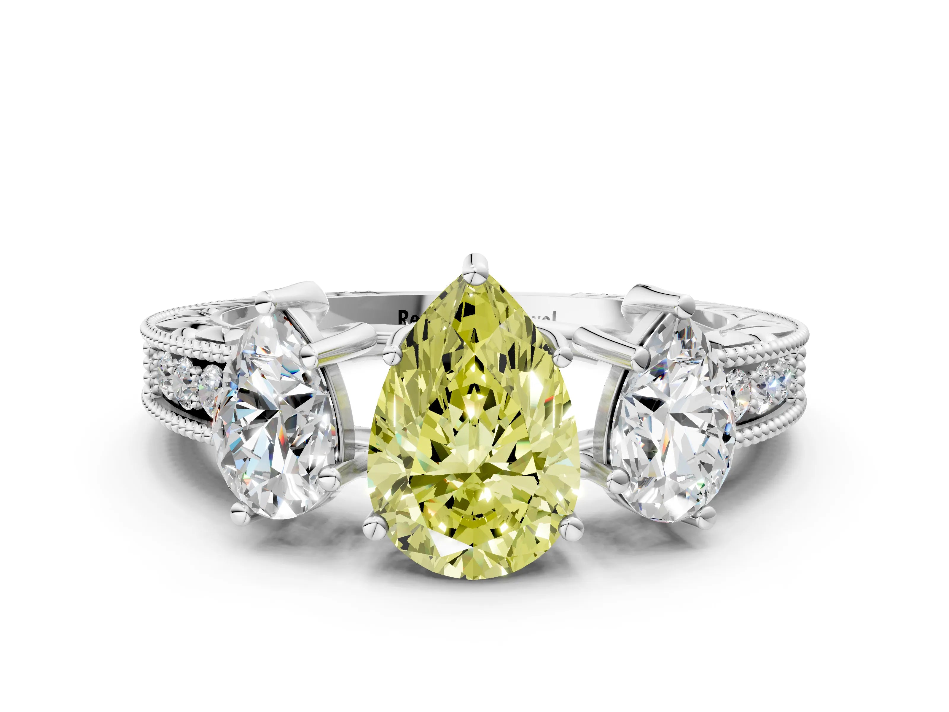 White gold Three-Stone Fancy Yellow Pear Cut Cut Milgrain Pavé Engagement Ring_13