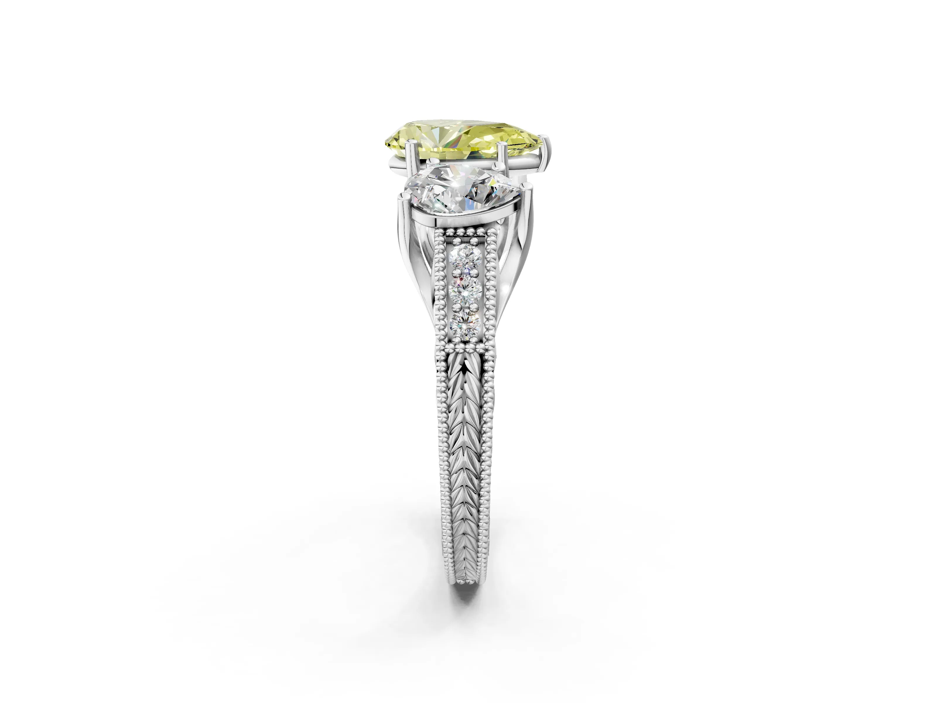 White gold Three-Stone Fancy Yellow Pear Cut Cut Milgrain Pavé Engagement Ring_14