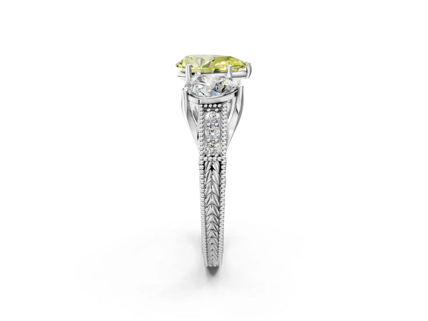 White gold Three-Stone Fancy Yellow Pear Cut Cut Milgrain Pavé Engagement Ring