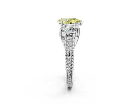 White gold Three-Stone Fancy Yellow Pear Cut Cut Milgrain Pavé Engagement Ring_14