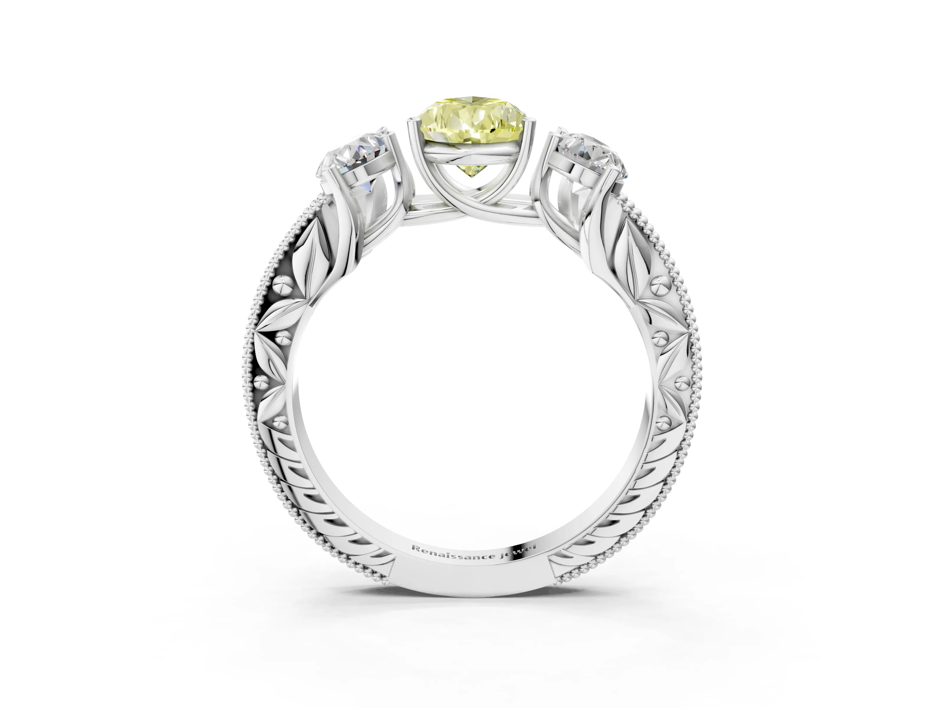 White gold Three-Stone Fancy Yellow Pear Cut Cut Milgrain Pavé Engagement Ring_15