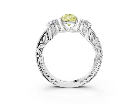 White gold Three-Stone Fancy Yellow Pear Cut Cut Milgrain Pavé Engagement Ring_15