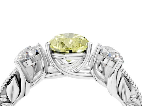 White gold Three-Stone Fancy Yellow Pear Cut Cut Milgrain Pavé Engagement Ring_16
