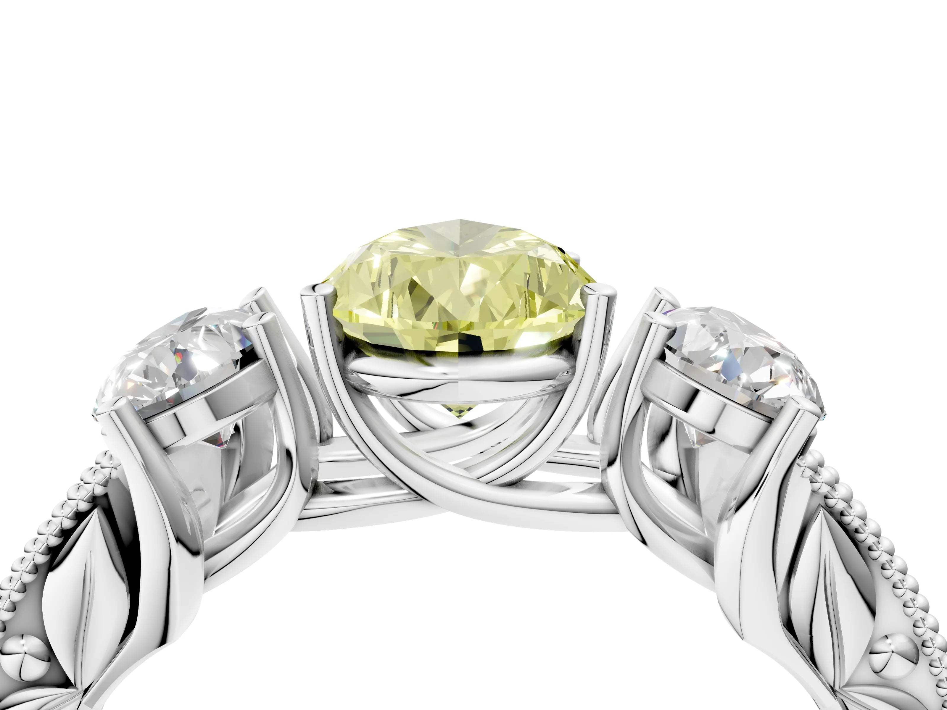 White gold Three-Stone Fancy Yellow Pear Cut Cut Milgrain Pavé Engagement Ring_17