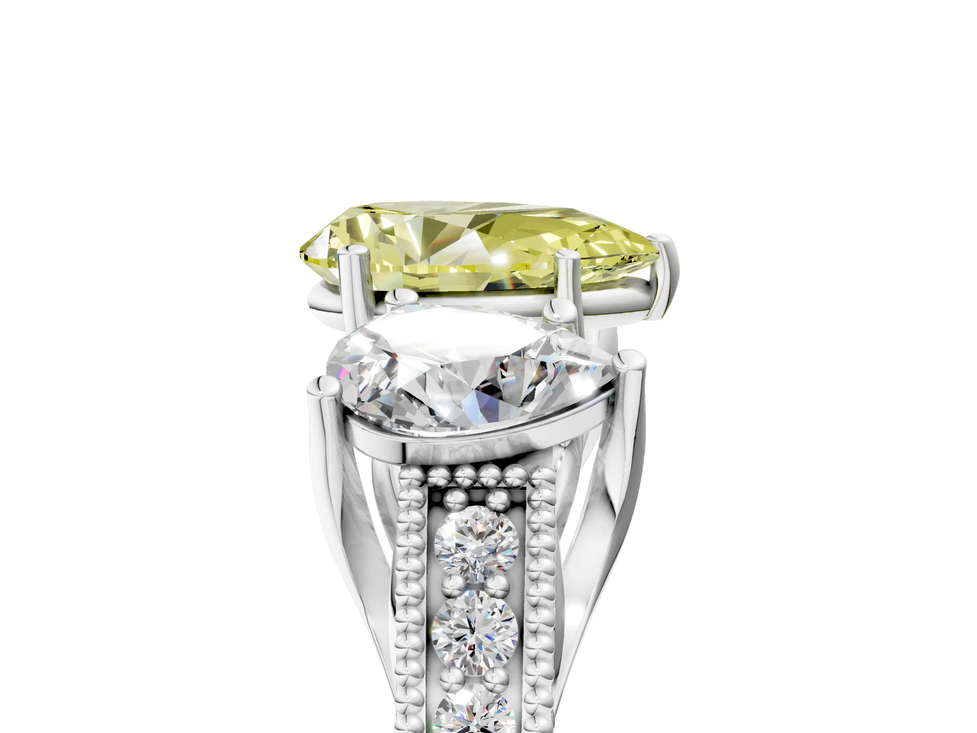 White gold Three-Stone Fancy Yellow Pear Cut Cut Milgrain Pavé Engagement Ring_17