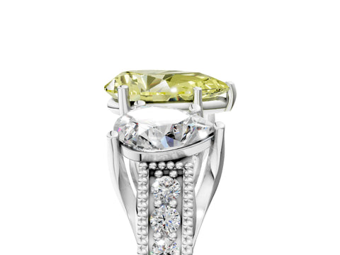 White gold Three-Stone Fancy Yellow Pear Cut Cut Milgrain Pavé Engagement Ring_17