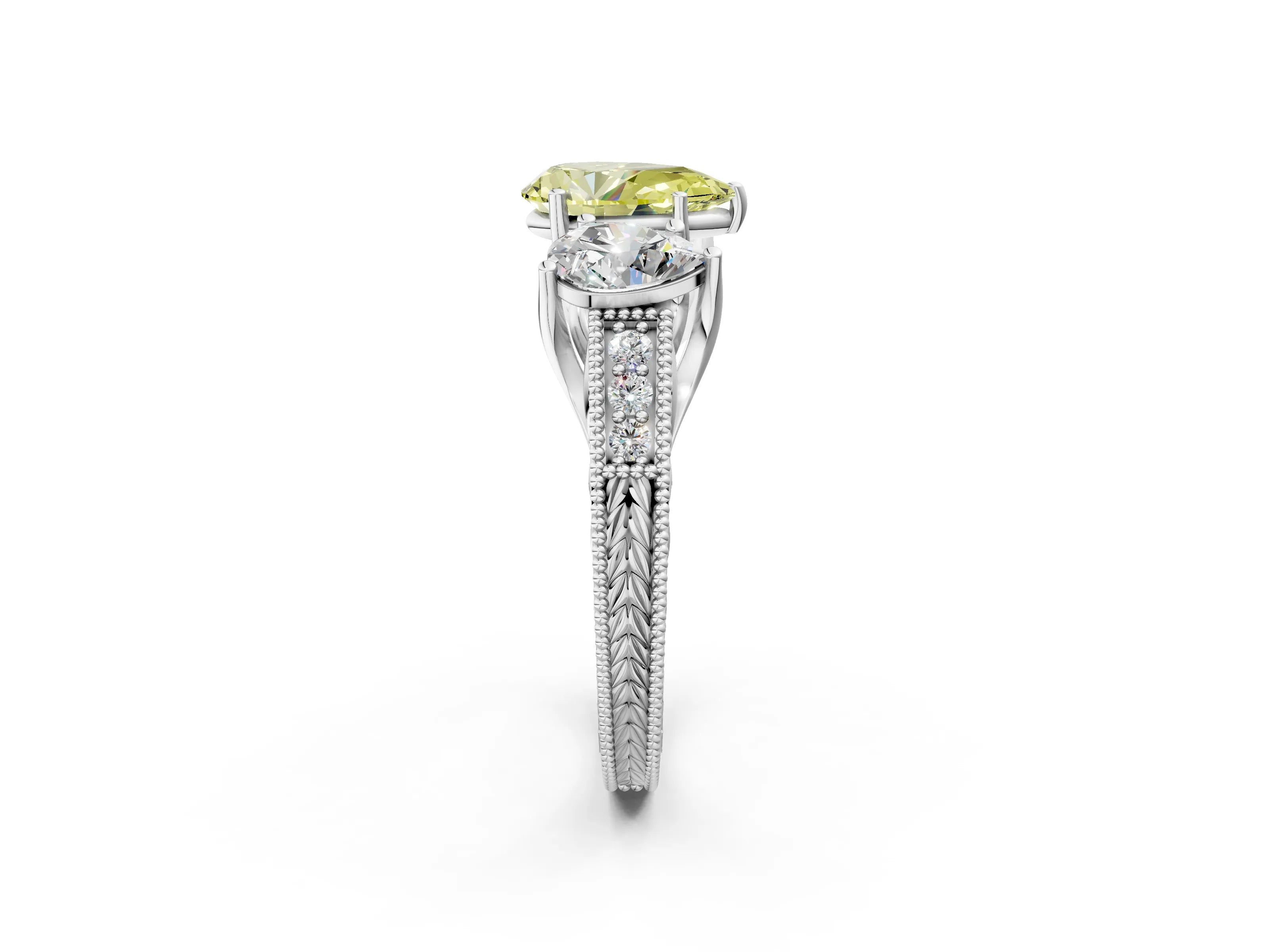 White gold Three-Stone Fancy Yellow Pear Cut Cut Milgrain Pavé Engagement Ring_2