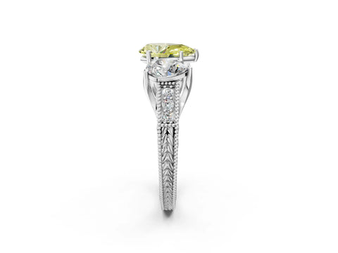 White gold Three-Stone Fancy Yellow Pear Cut Cut Milgrain Pavé Engagement Ring_2