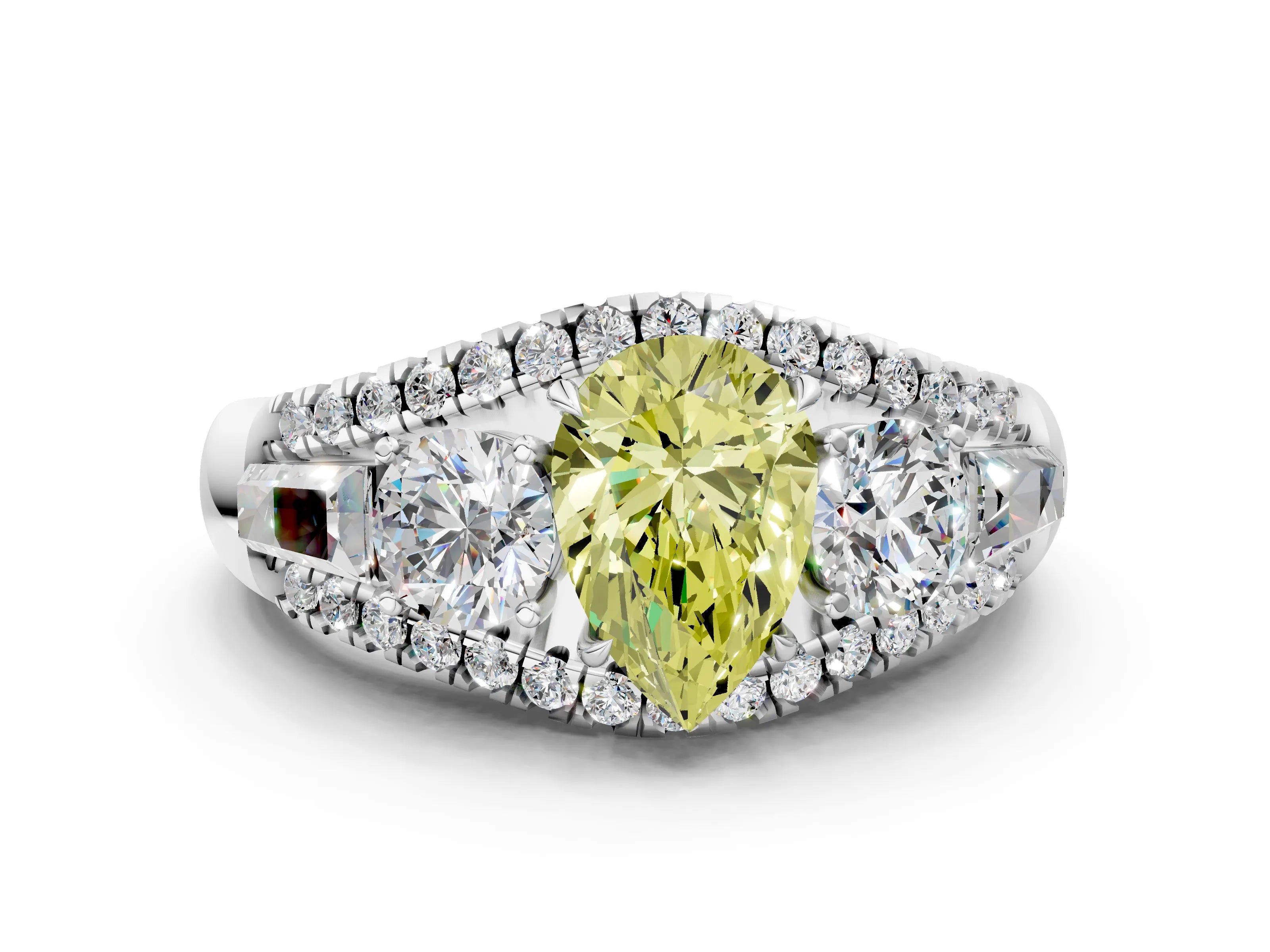 White gold Three-Stone Fancy Yellow Pear Cut Diamond Engagement Ring with Pave Band and Prong Setting_12