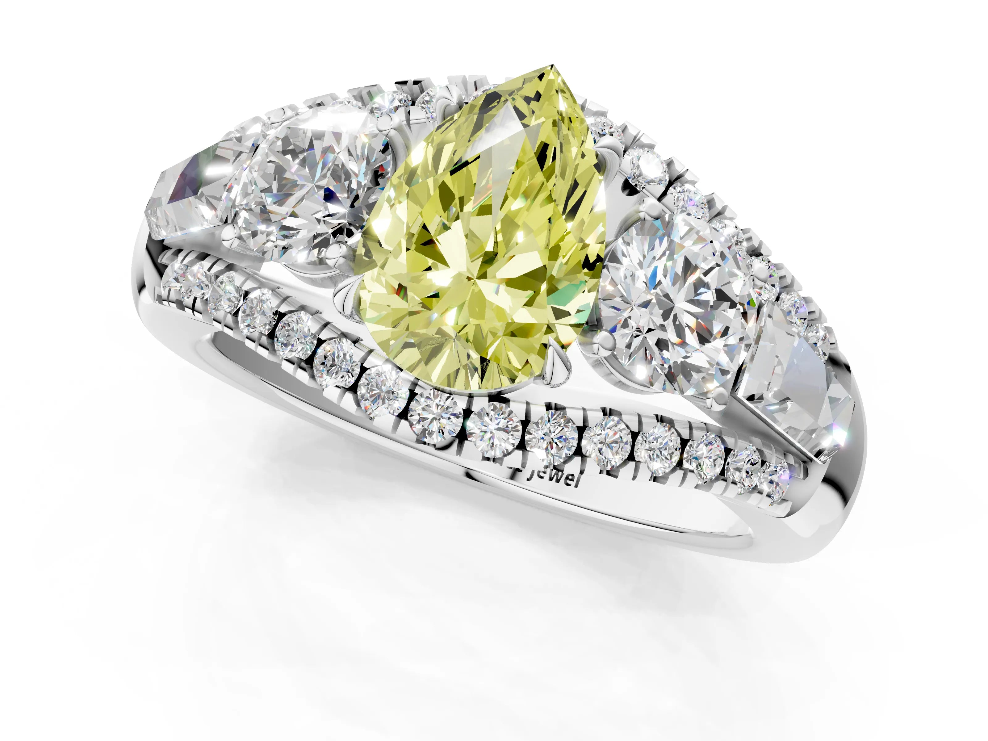 White gold Three-Stone Fancy Yellow Pear Cut Diamond Engagement Ring with Pave Band and Prong Setting_13