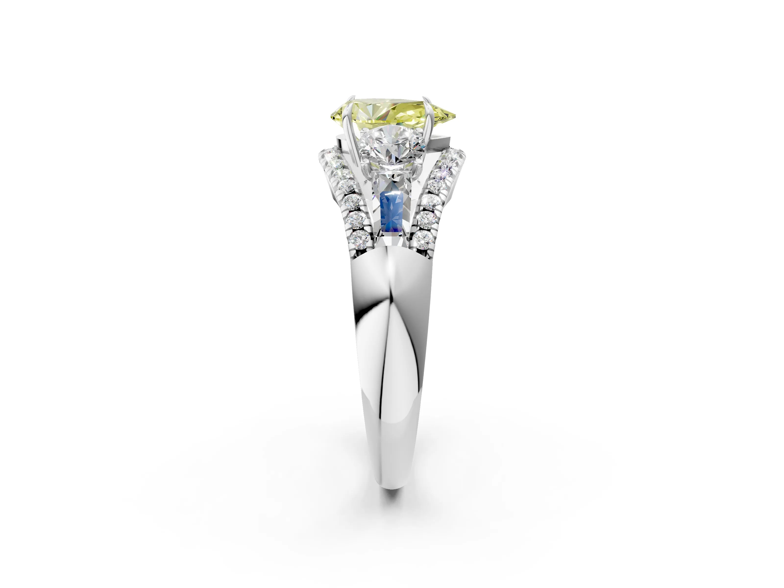 White gold Three-Stone Fancy Yellow Pear Cut Diamond Engagement Ring with Pave Band and Prong Setting_14