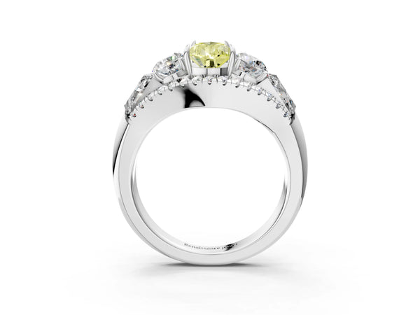 Platinum Three-Stone Fancy Yellow Pear Cut Diamond Engagement Ring with Pave Band and Prong Setting