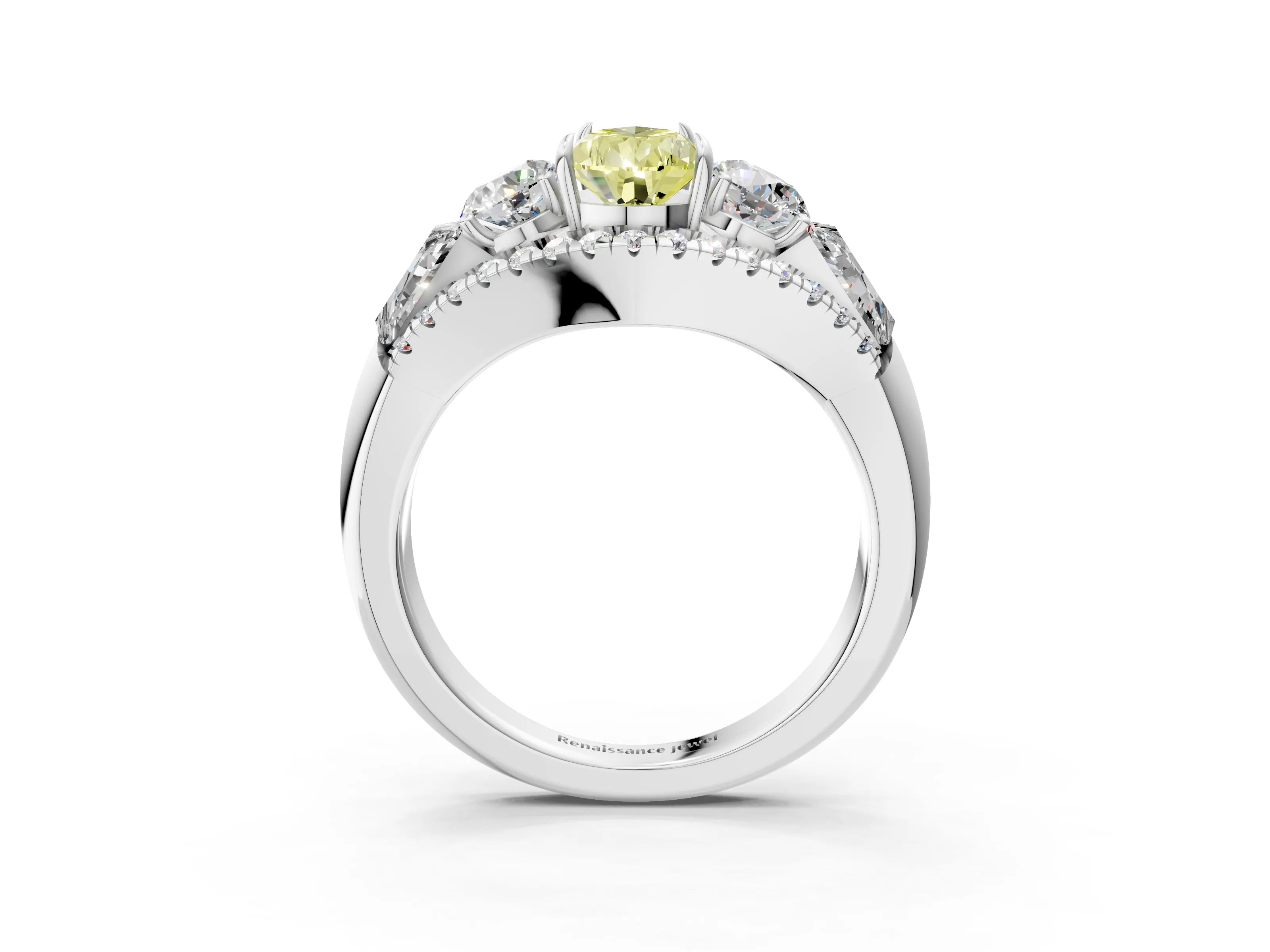 White gold Three-Stone Fancy Yellow Pear Cut Diamond Engagement Ring with Pave Band and Prong Setting_15