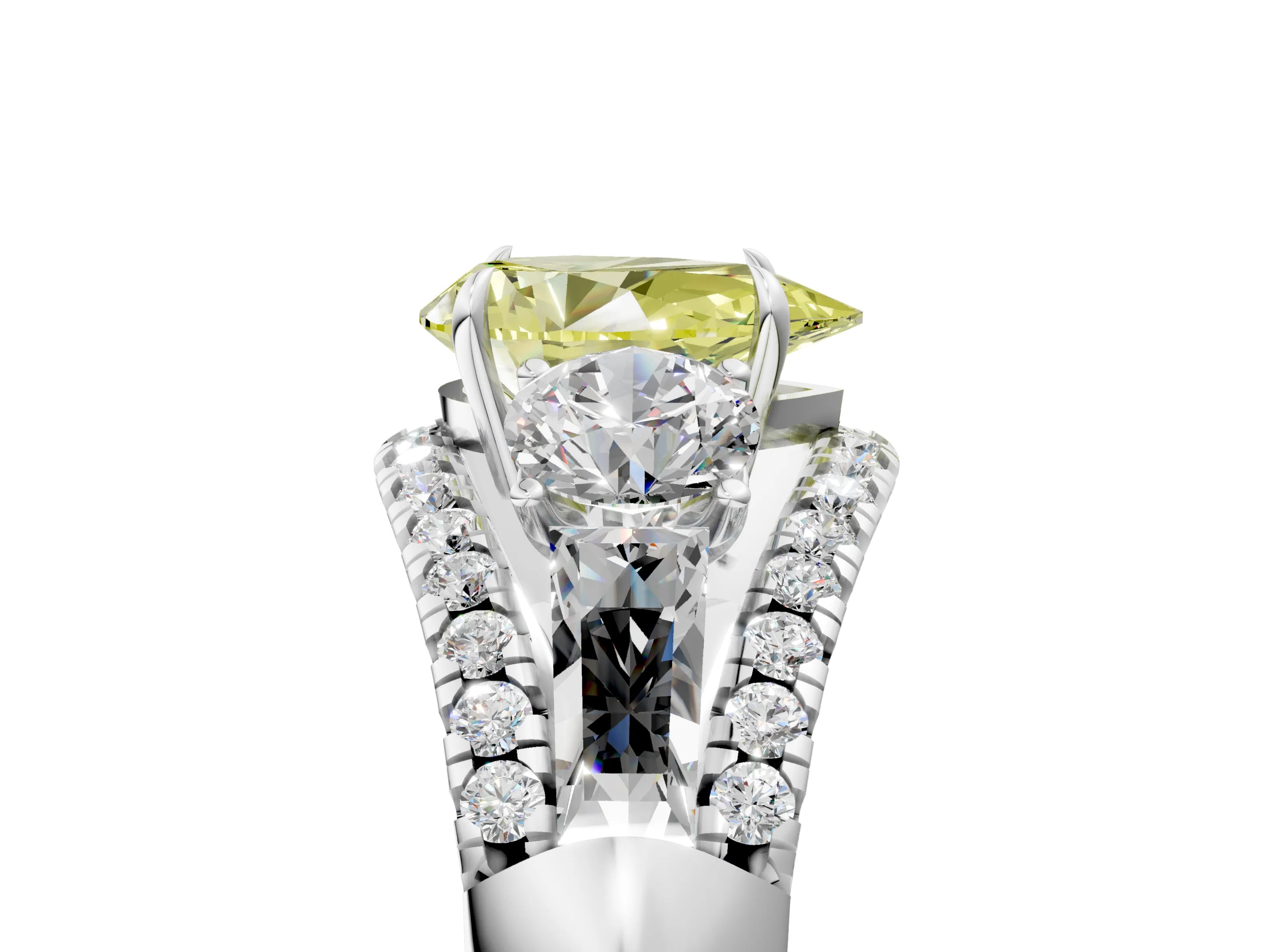 White gold Three-Stone Fancy Yellow Pear Cut Diamond Engagement Ring with Pave Band and Prong Setting_17