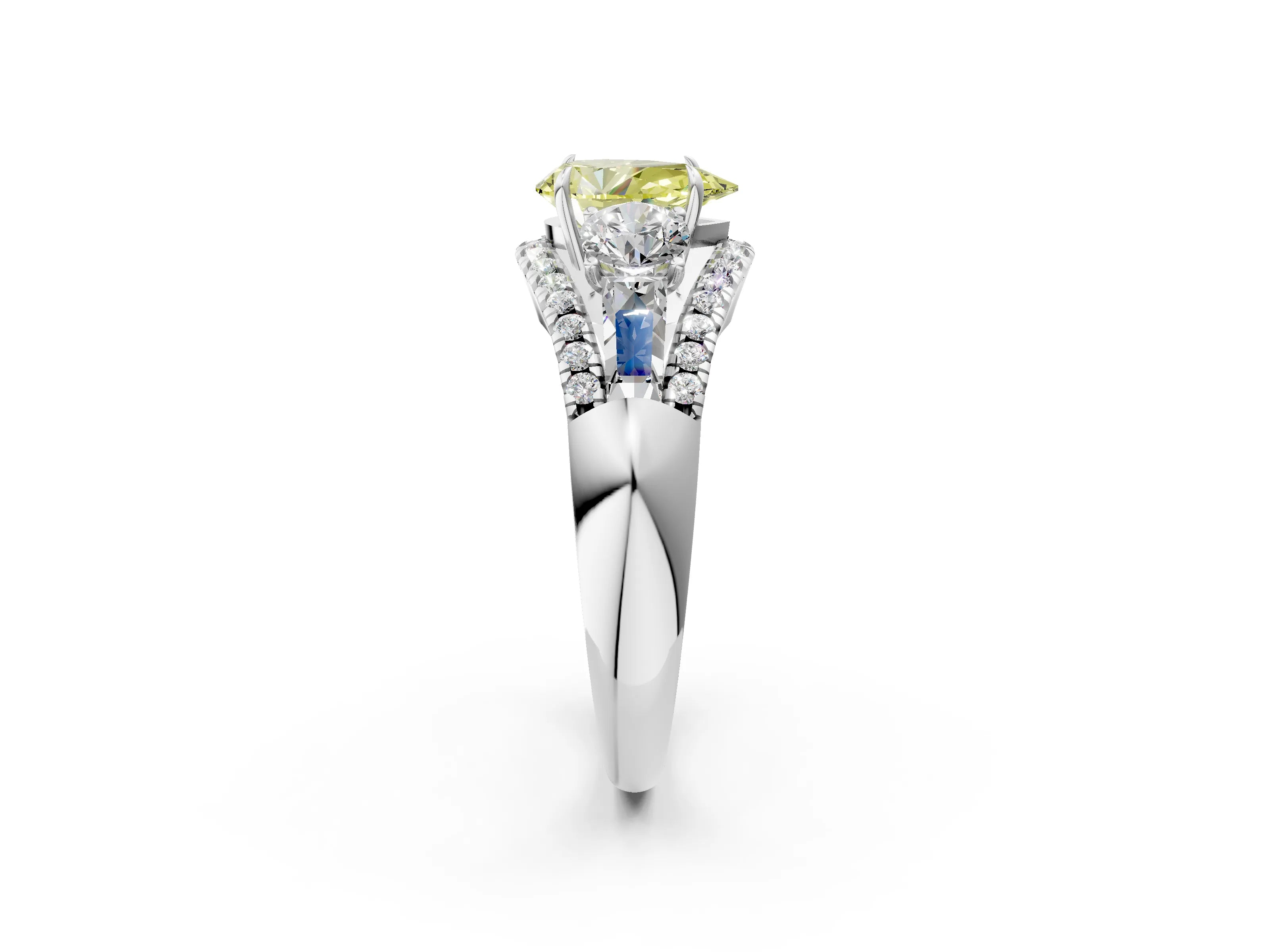 White gold Three-Stone Fancy Yellow Pear Cut Diamond Engagement Ring with Pave Band and Prong Setting_2