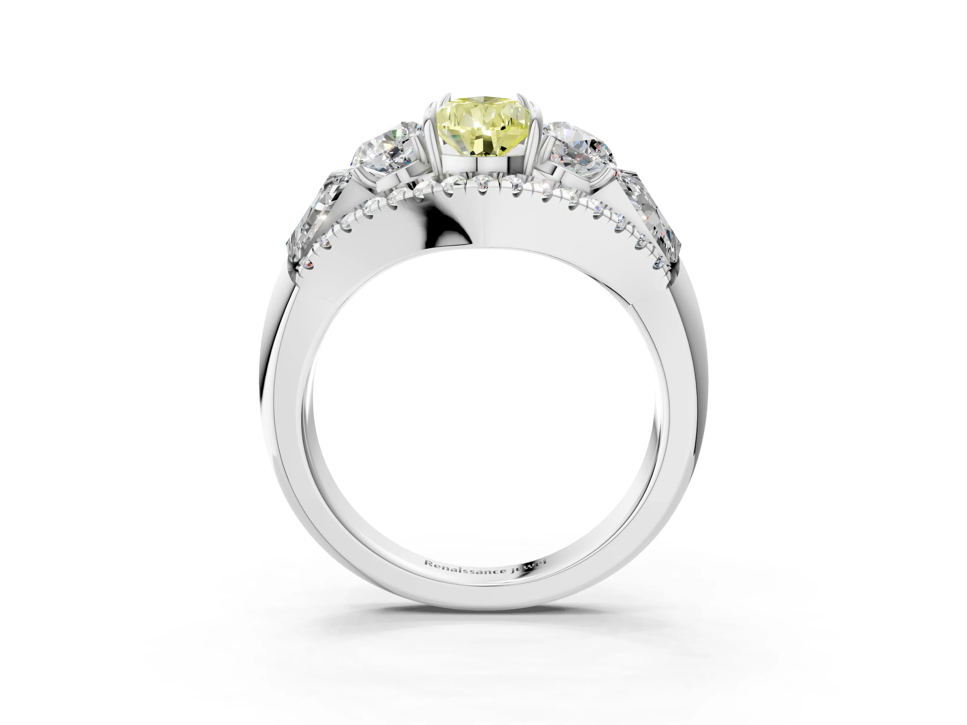 White gold Three-Stone Fancy Yellow Pear Cut Diamond Engagement Ring with Pave Band and Prong Setting_3
