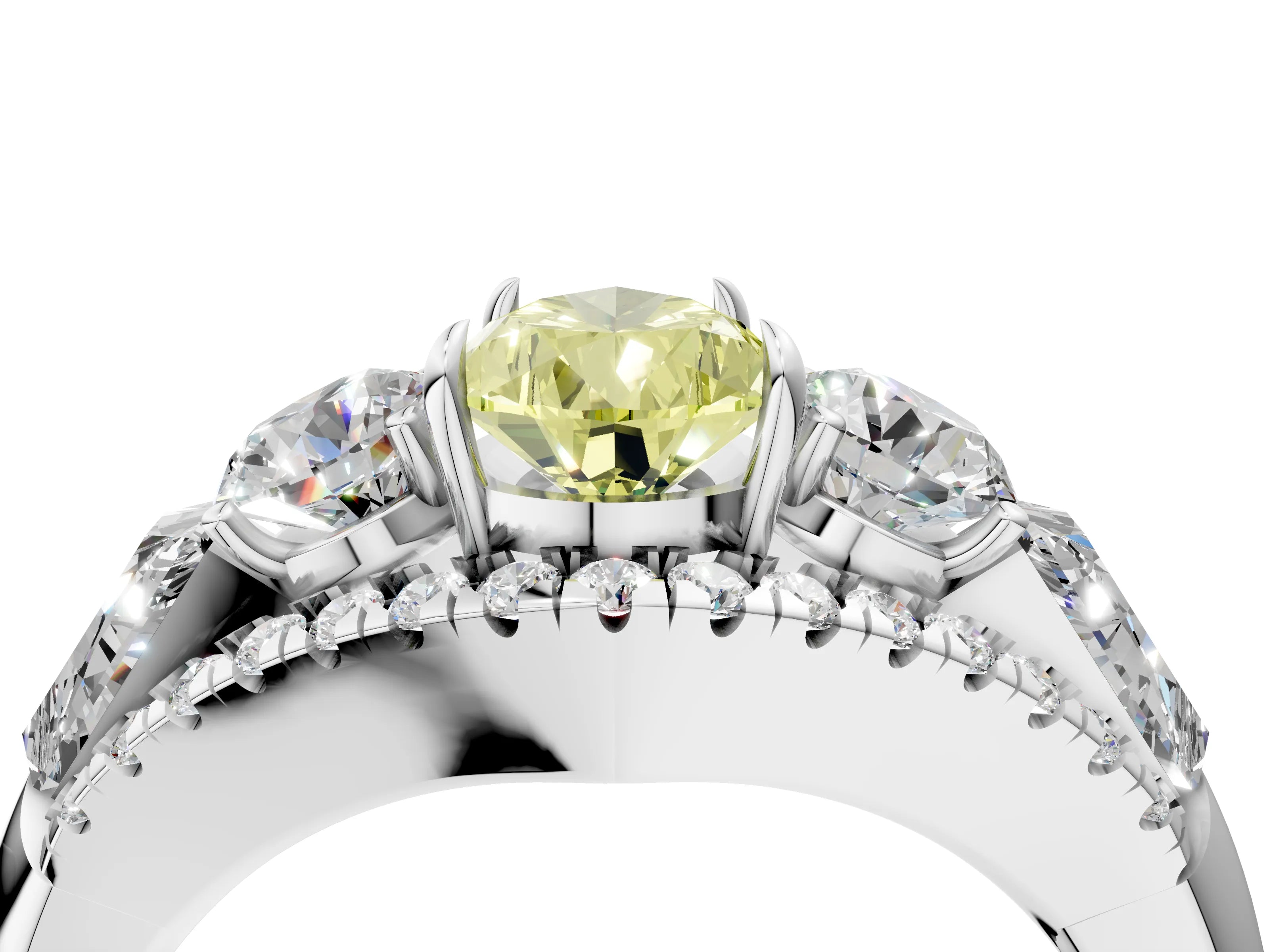 White gold Three-Stone Fancy Yellow Pear Cut Diamond Engagement Ring with Pave Band and Prong Setting_4