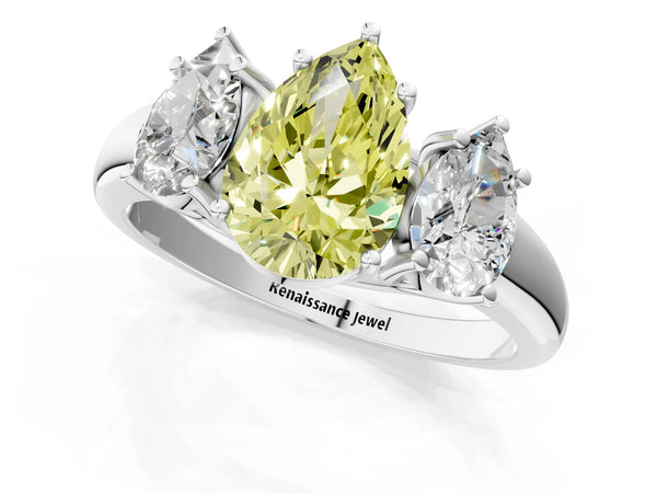 Platinum Three-Stone Fancy Yellow Pear Cut Diamond Engagement Ring with Prong Setting