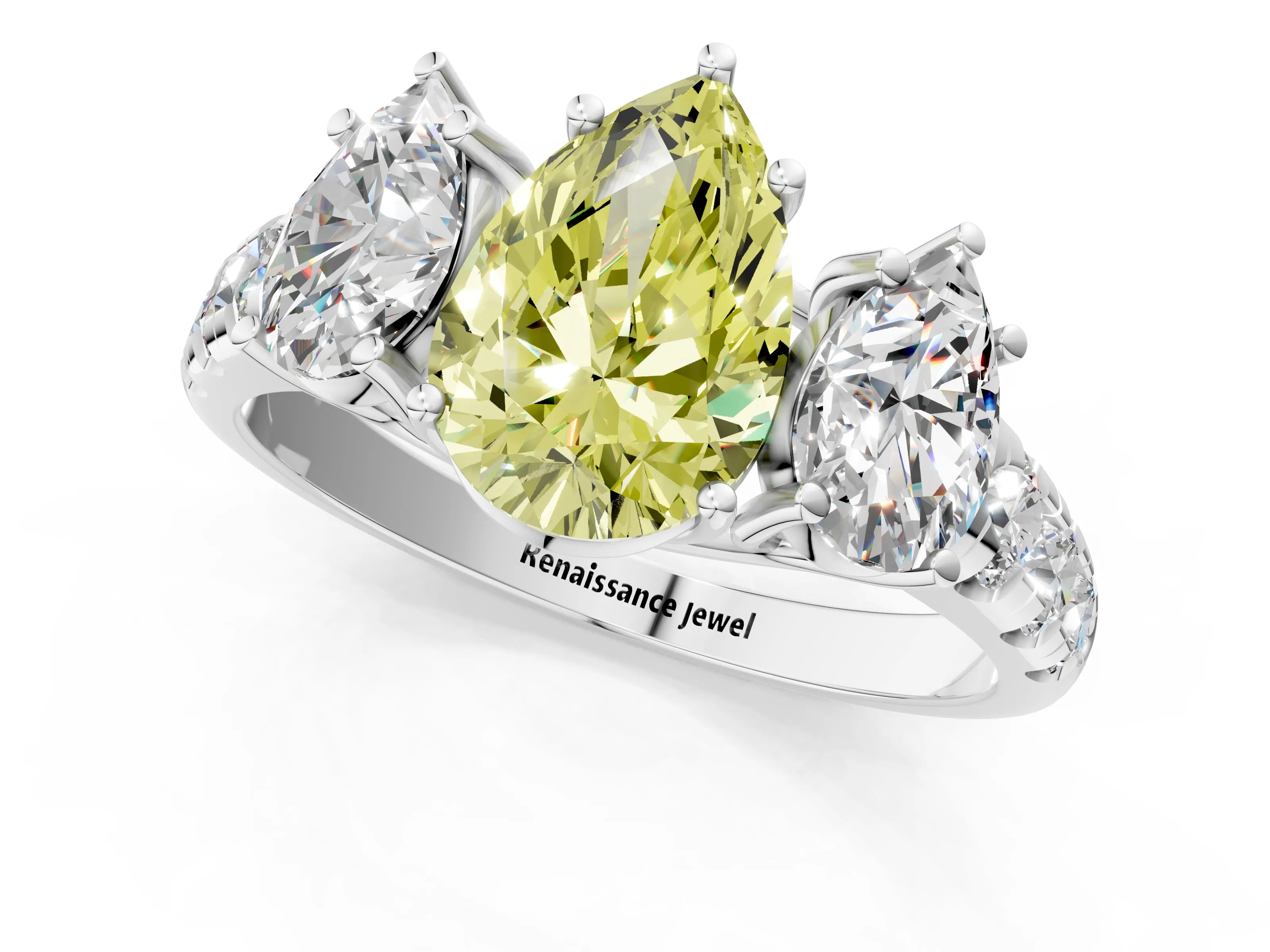 White gold Three-Stone Fancy Yellow Pear Cut Diamond Pavé Band with Prong Setting_1