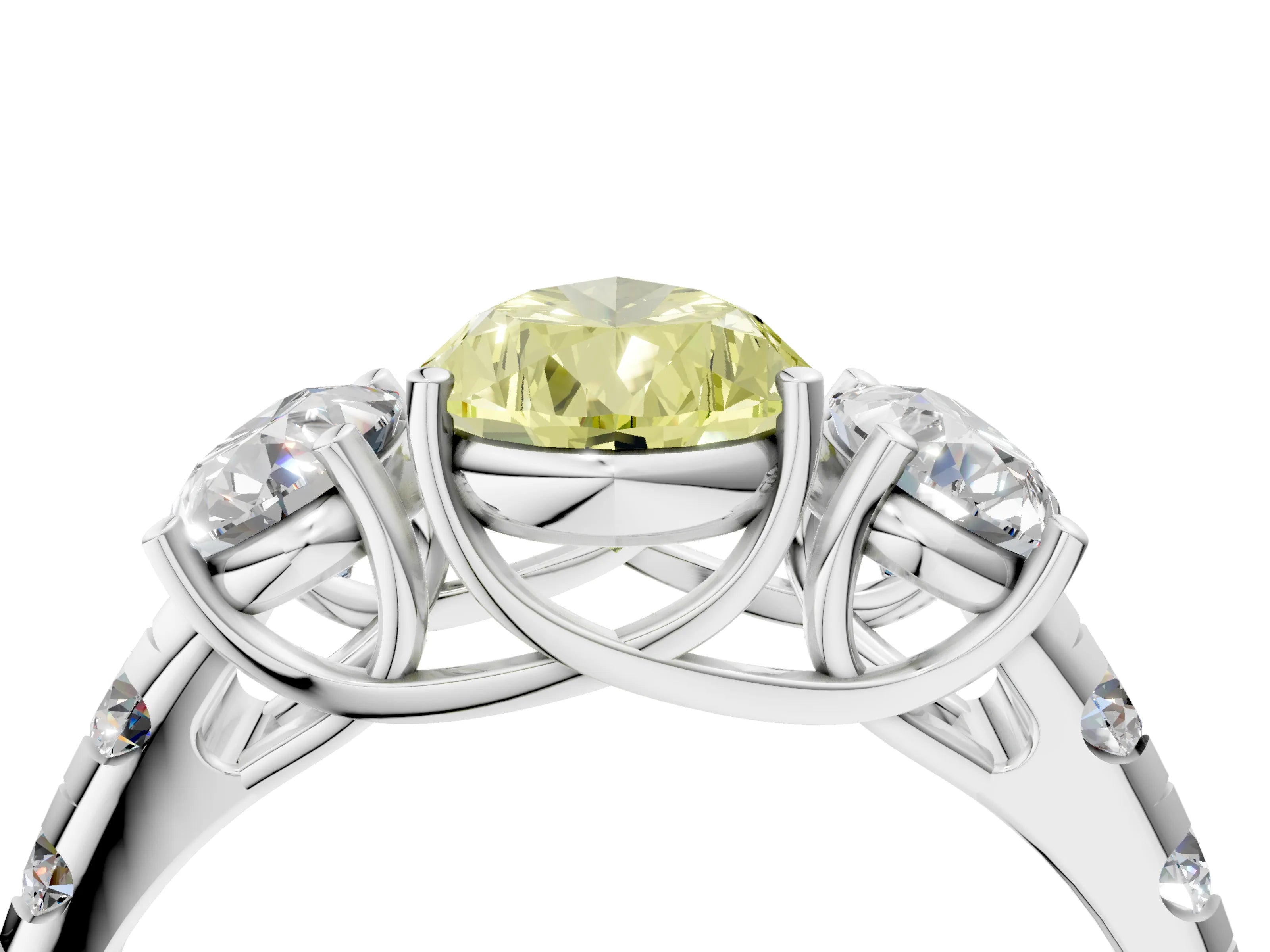 White gold Three-Stone Fancy Yellow Pear Cut Diamond Pavé Band with Prong Setting_4