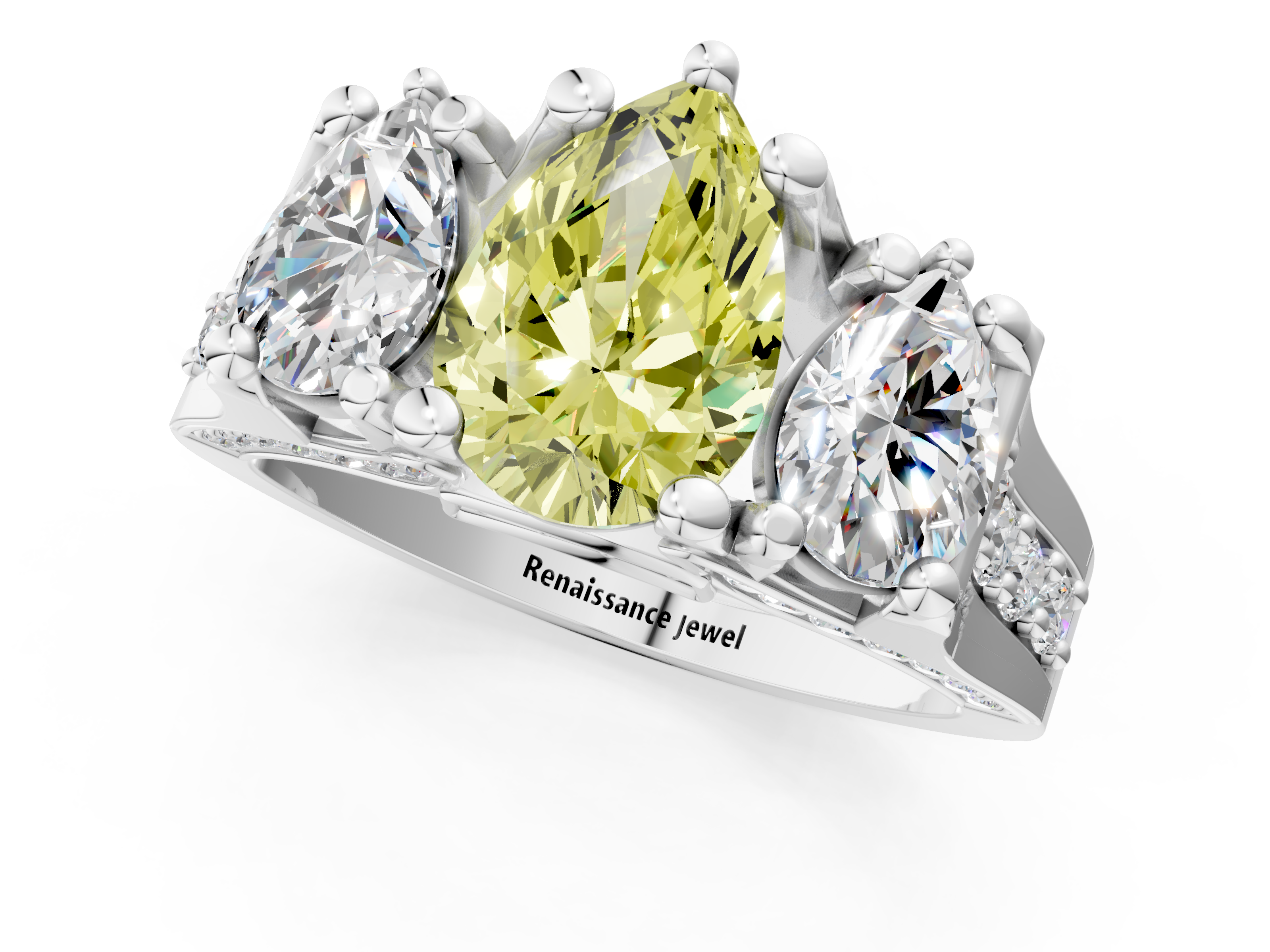 White gold Three-Stone Fancy Yellow Pear  Cut Diamond Ring with Channel-Set Band and Four-Prong Setting_33