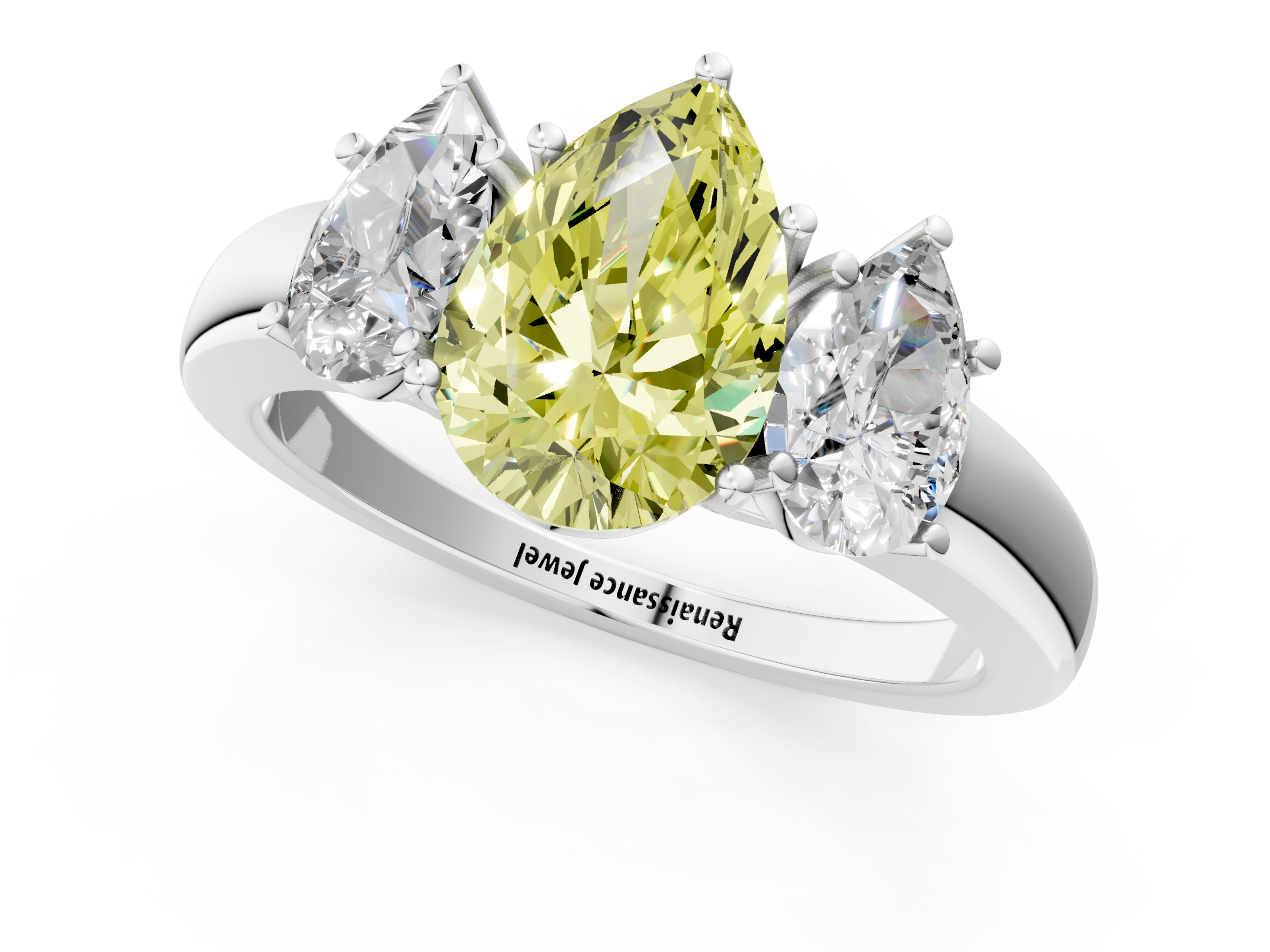 White gold Three-Stone Fancy Yellow Pear  Cut Diamond Ring with Channel-Set Band and Four-Prong Setting_62