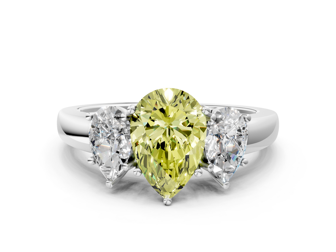 White gold Three-Stone Fancy Yellow Pear  Cut Diamond Ring with Channel-Set Band and Four-Prong Setting_78