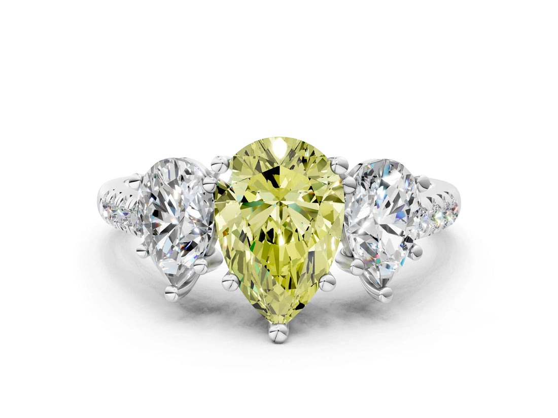 White gold Three-Stone Fancy Yellow Pear Cut Diamond Ring with Pavé Band and Prong Setting_126