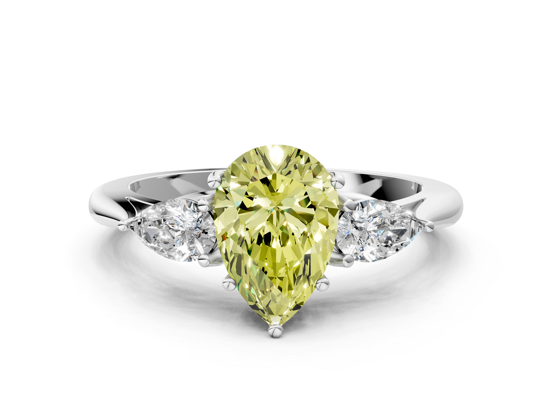 White gold Three-Stone Fancy Yellow Pear  Cut Diamond Ring with Pear Side Stones in Four-Prong Setting_109