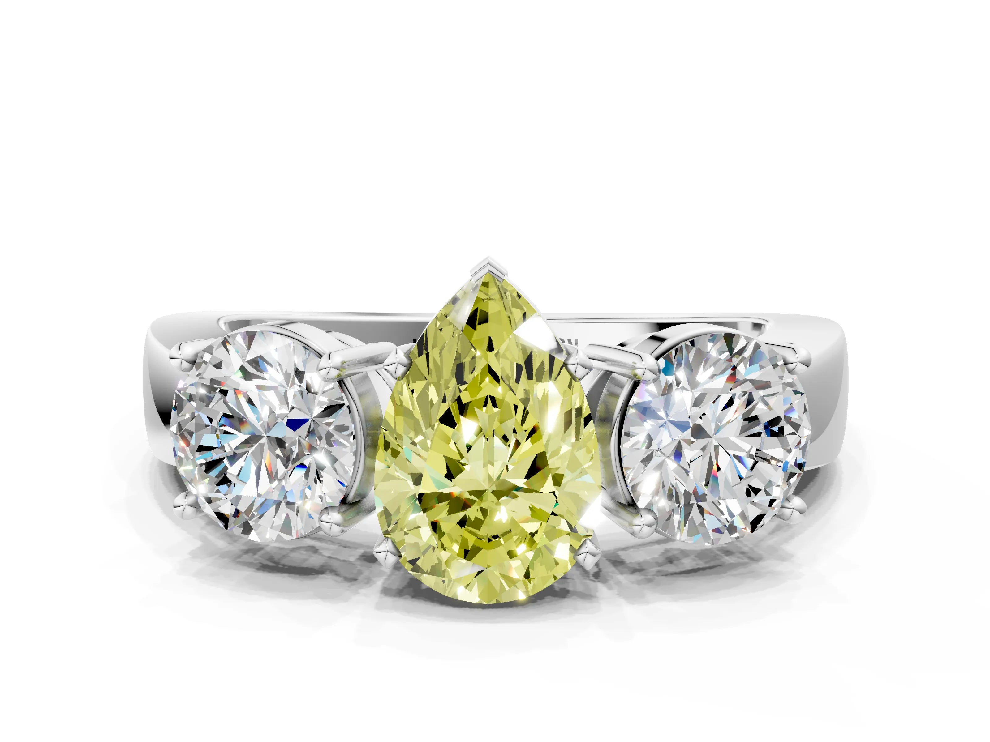 White gold Three-Stone Fancy Yellow Pear Cut Diamond Ring with Round Side Stones, Classic Band, and Four-Prong Setting