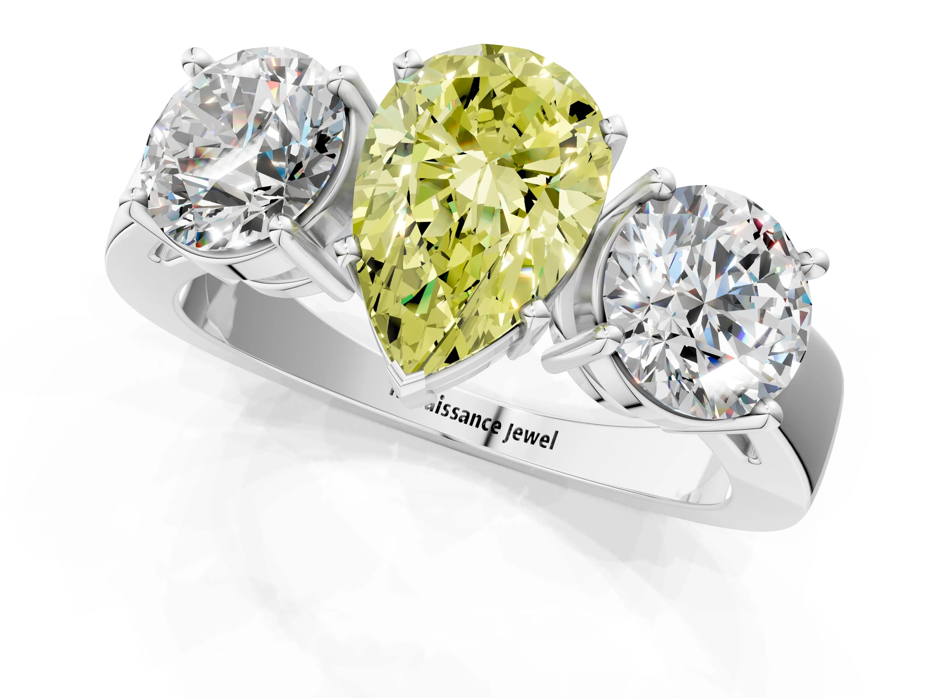 White gold Three-Stone Fancy Yellow Pear Cut Diamond Ring with Round Side Stones, Classic Band, and Four-Prong Setting_1