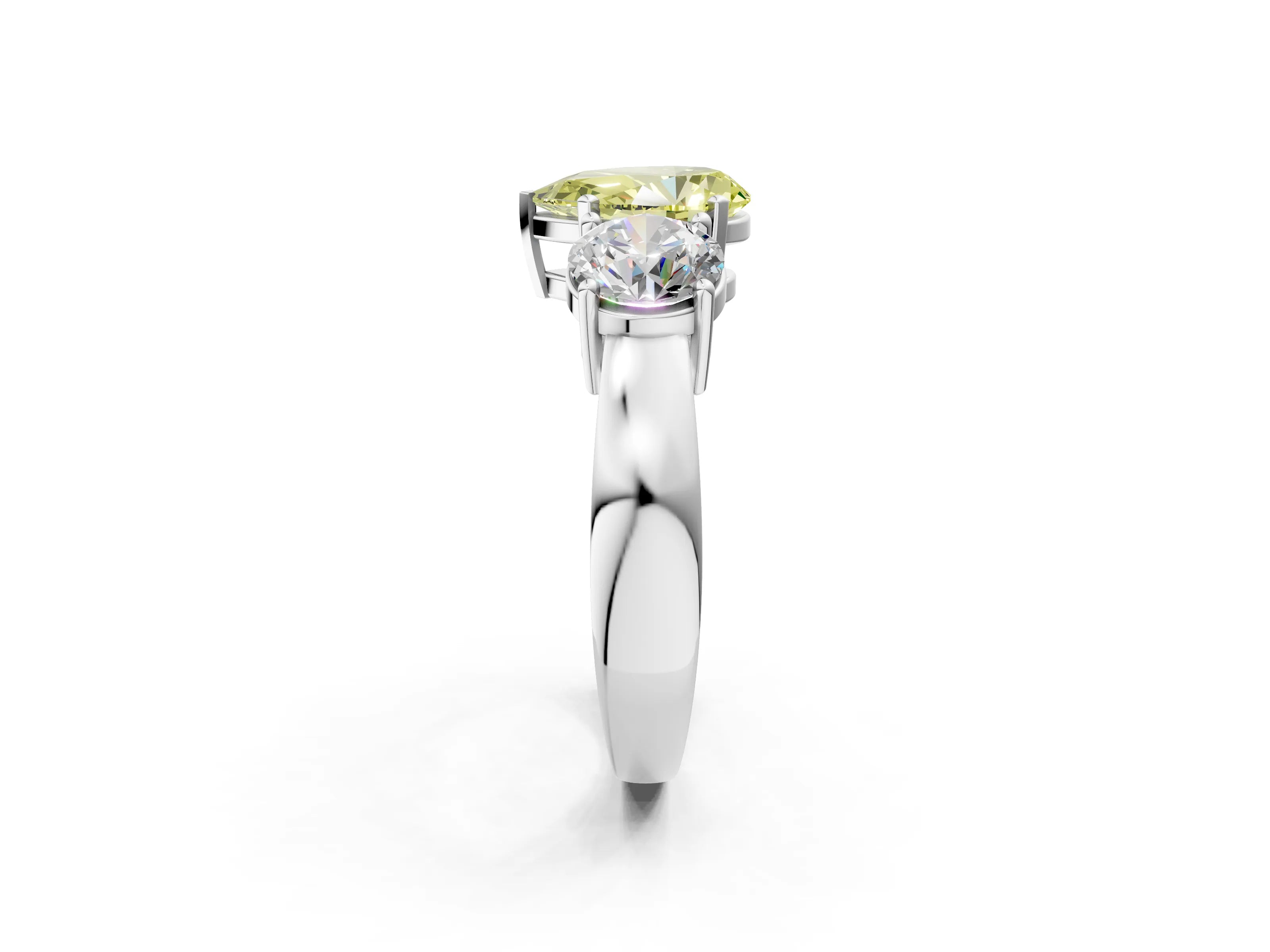 White gold Three-Stone Fancy Yellow Pear Cut Diamond Ring with Round Side Stones, Classic Band, and Four-Prong Setting_2