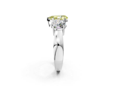 White gold Three-Stone Fancy Yellow Pear Cut Diamond Ring with Round Side Stones, Classic Band, and Four-Prong Setting_2