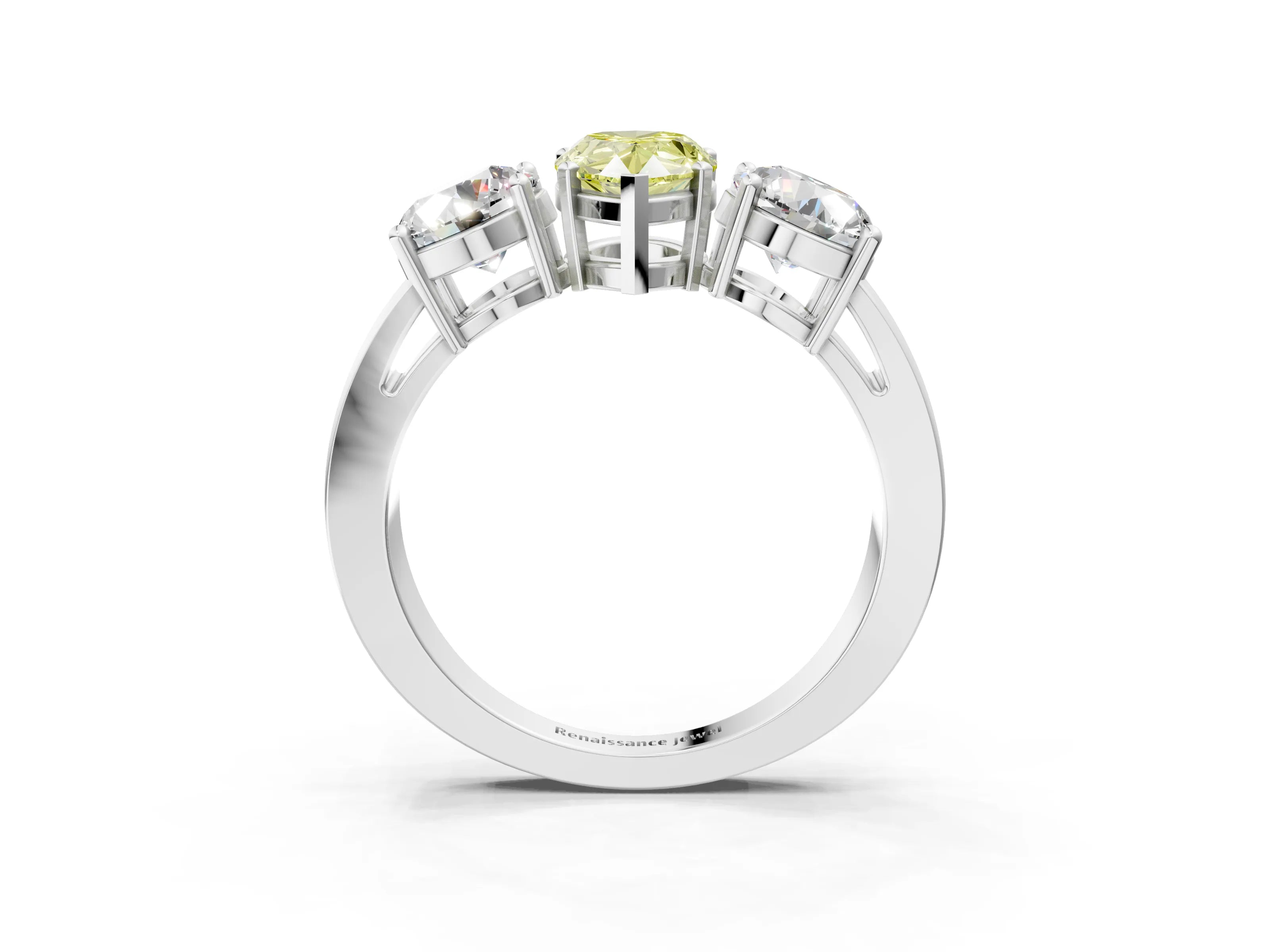 White gold Three-Stone Fancy Yellow Pear Cut Diamond Ring with Round Side Stones, Classic Band, and Four-Prong Setting_3