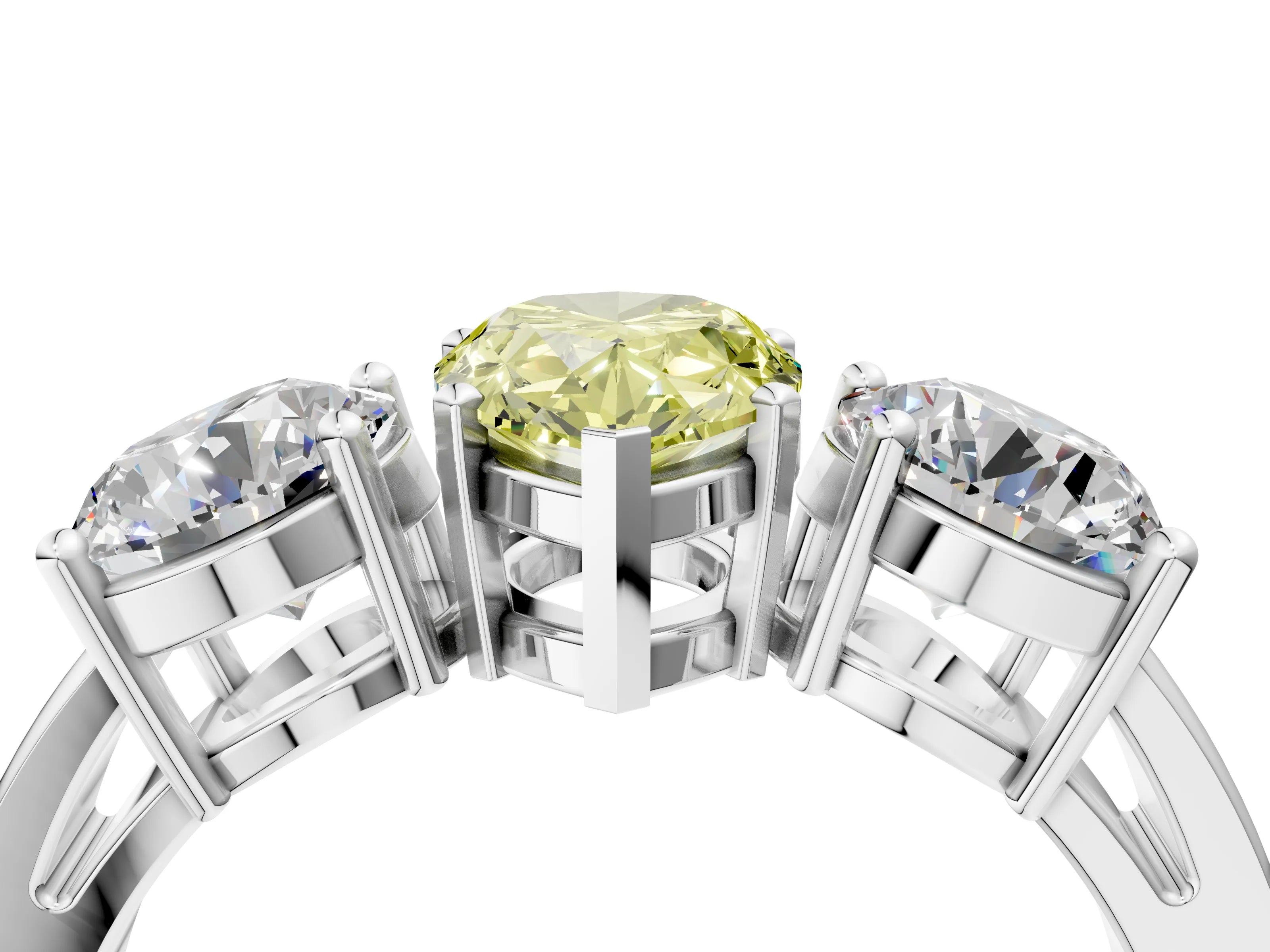White gold Three-Stone Fancy Yellow Pear Cut Diamond Ring with Round Side Stones, Classic Band, and Four-Prong Setting_4