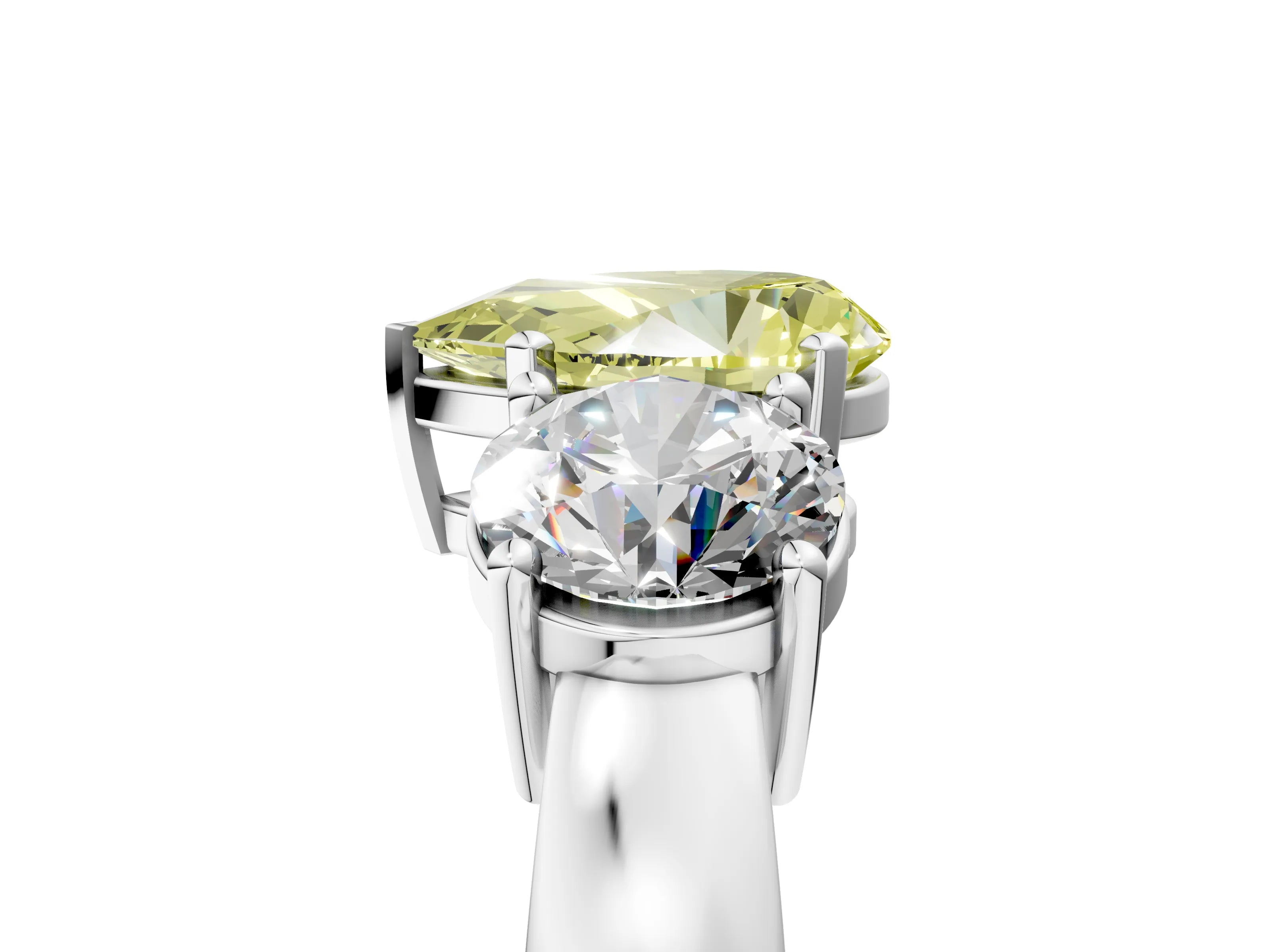 White gold Three-Stone Fancy Yellow Pear Cut Diamond Ring with Round Side Stones, Classic Band, and Four-Prong Setting_5