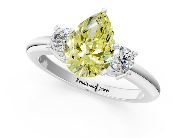 Platinum Three-Stone Fancy Yellow Pear  Cut Diamond Solitaire with Prong Setting and Classic Band