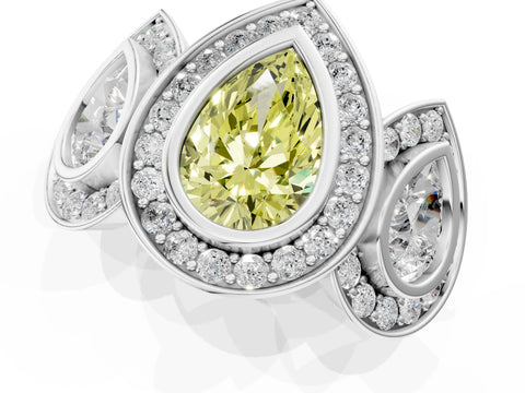 White gold Three-Stone Fancy Yellow Pear Cut Halo Pavé Diamond Ring_1