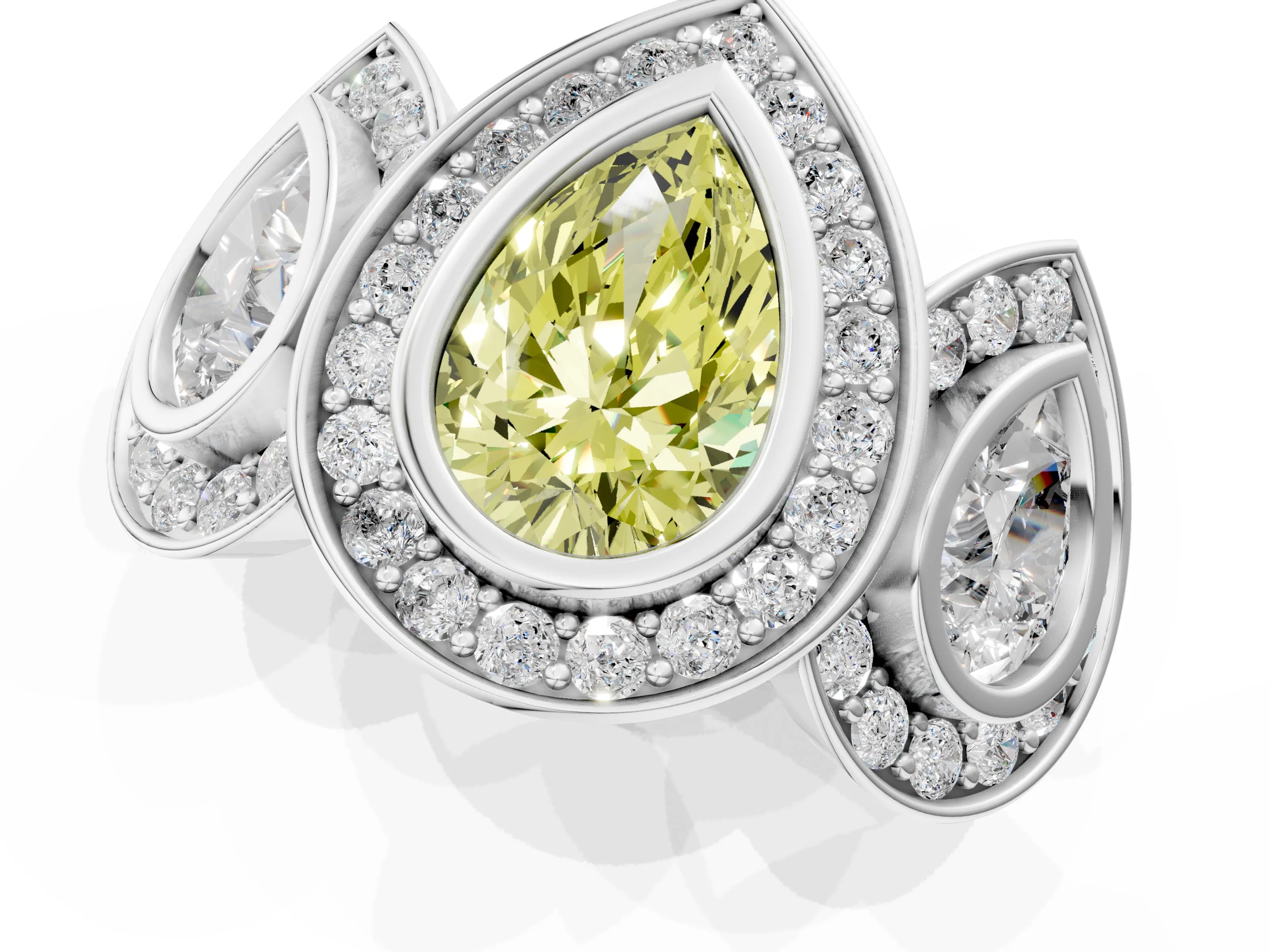White gold Three-Stone Fancy Yellow Pear Cut Halo Pavé Diamond Ring_1