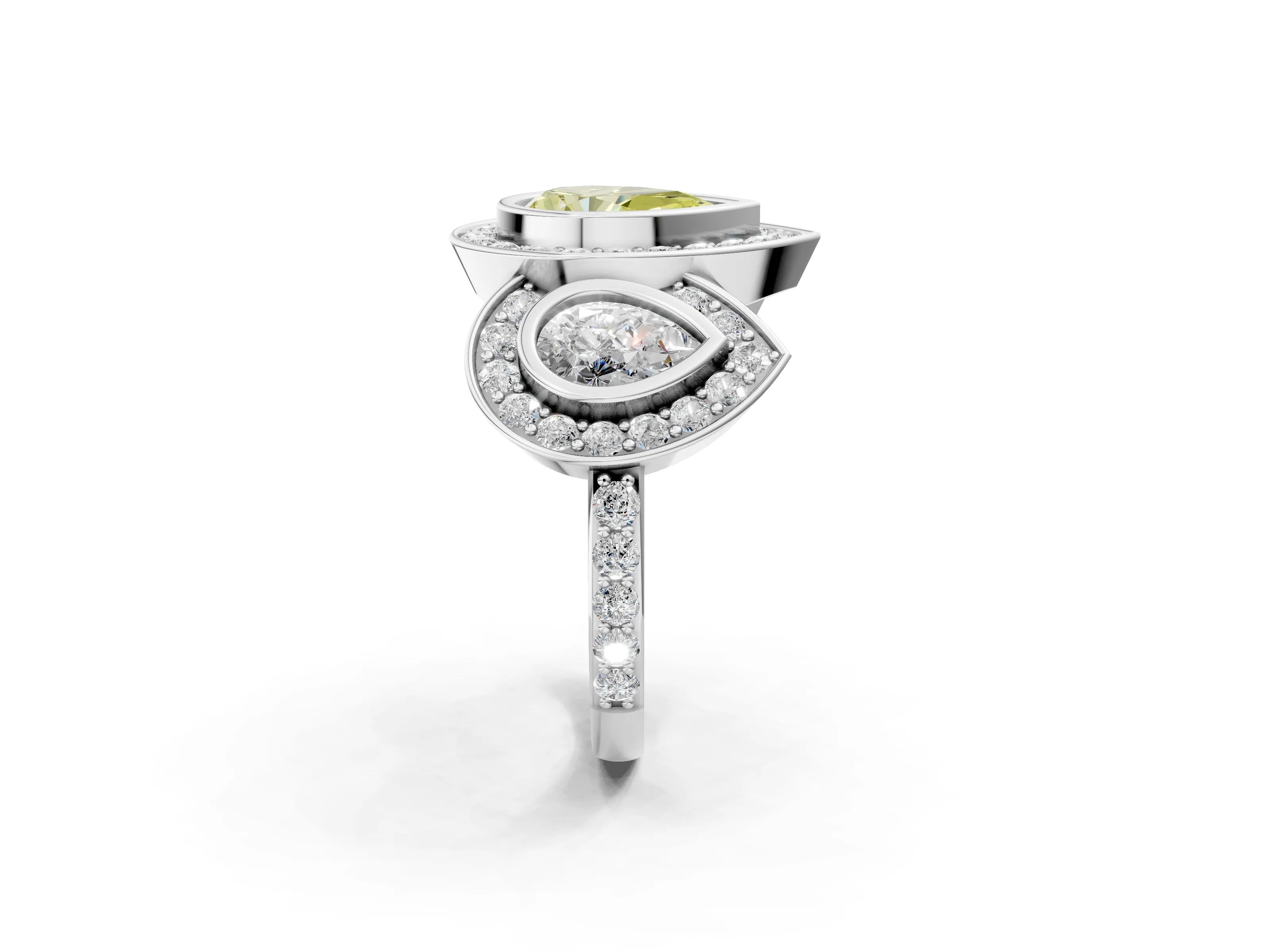 White gold Three-Stone Fancy Yellow Pear Cut Halo Pavé Diamond Ring_2